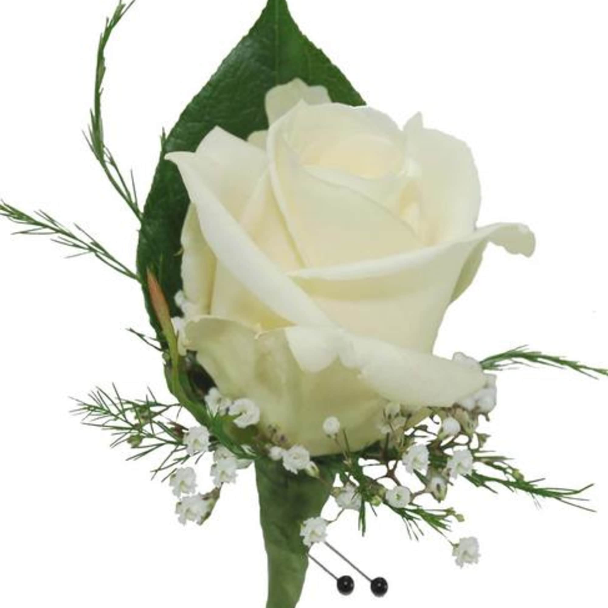 Pin-on boutonniere. Please specify choices: 
FLOWER (pick 1): red rose, white rose Pin-on boutonniere. Please specify choices: 
FLOWER (pick 1): red rose, white rose