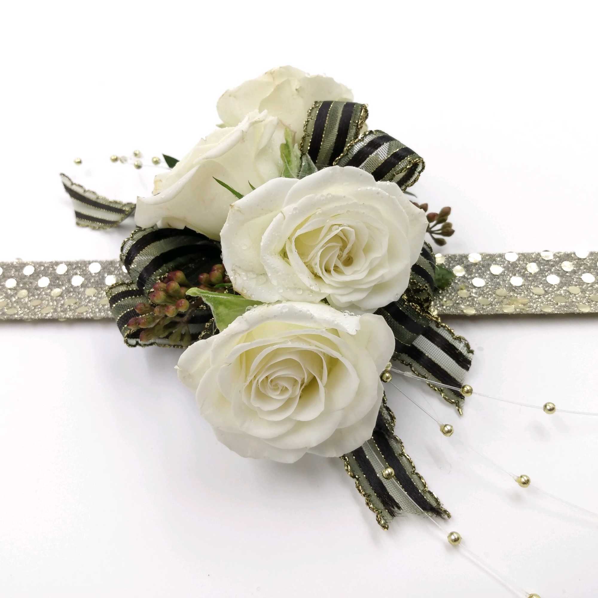 The Golden Cream wrist corsage of cream spray roses black &amp; gold