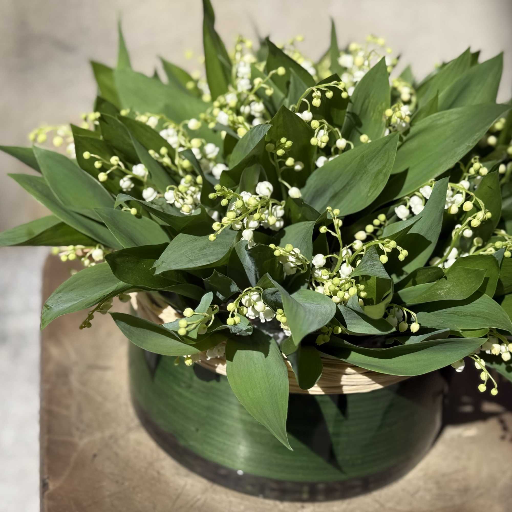 Bouquet of lily of the valley in a round glass vase