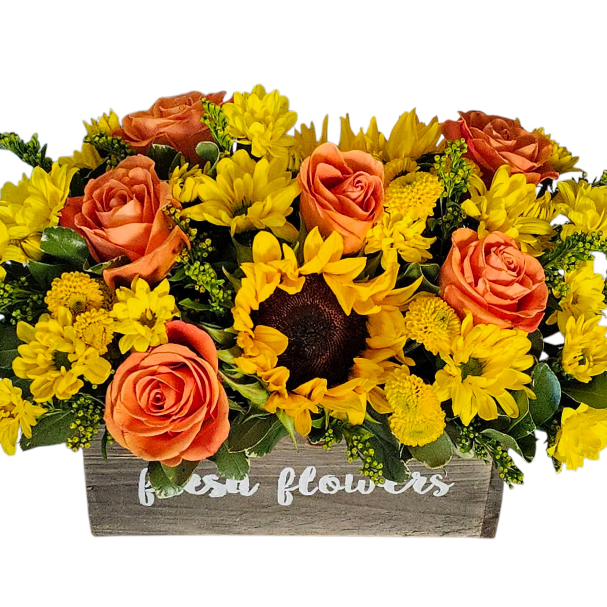 Brighten any moment with this radiant arrangement of orange roses, cheerful sunflowers