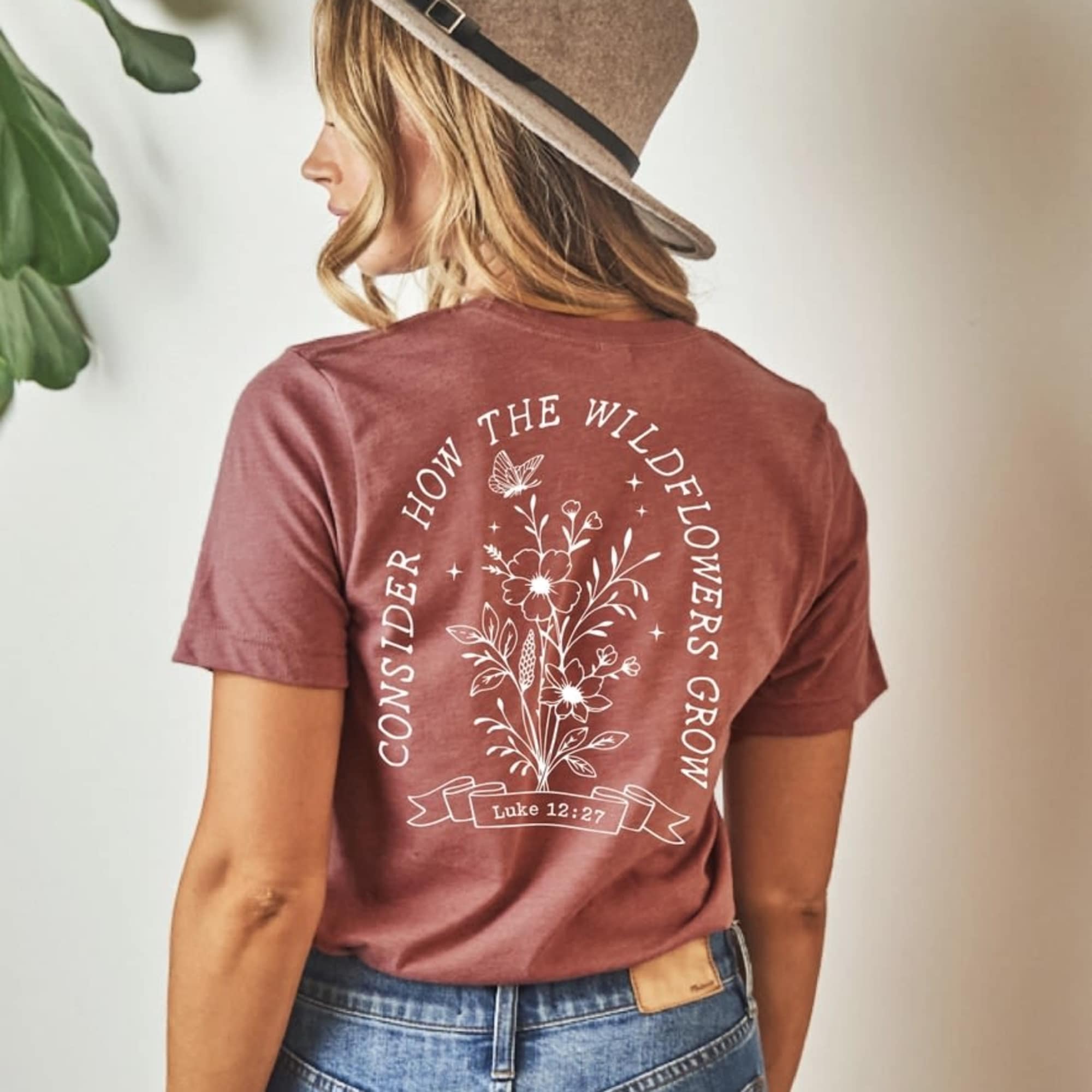 &ldquo;Consider how the wildflowers grow&rdquo; T-shirt in heathered autumn color. Available in