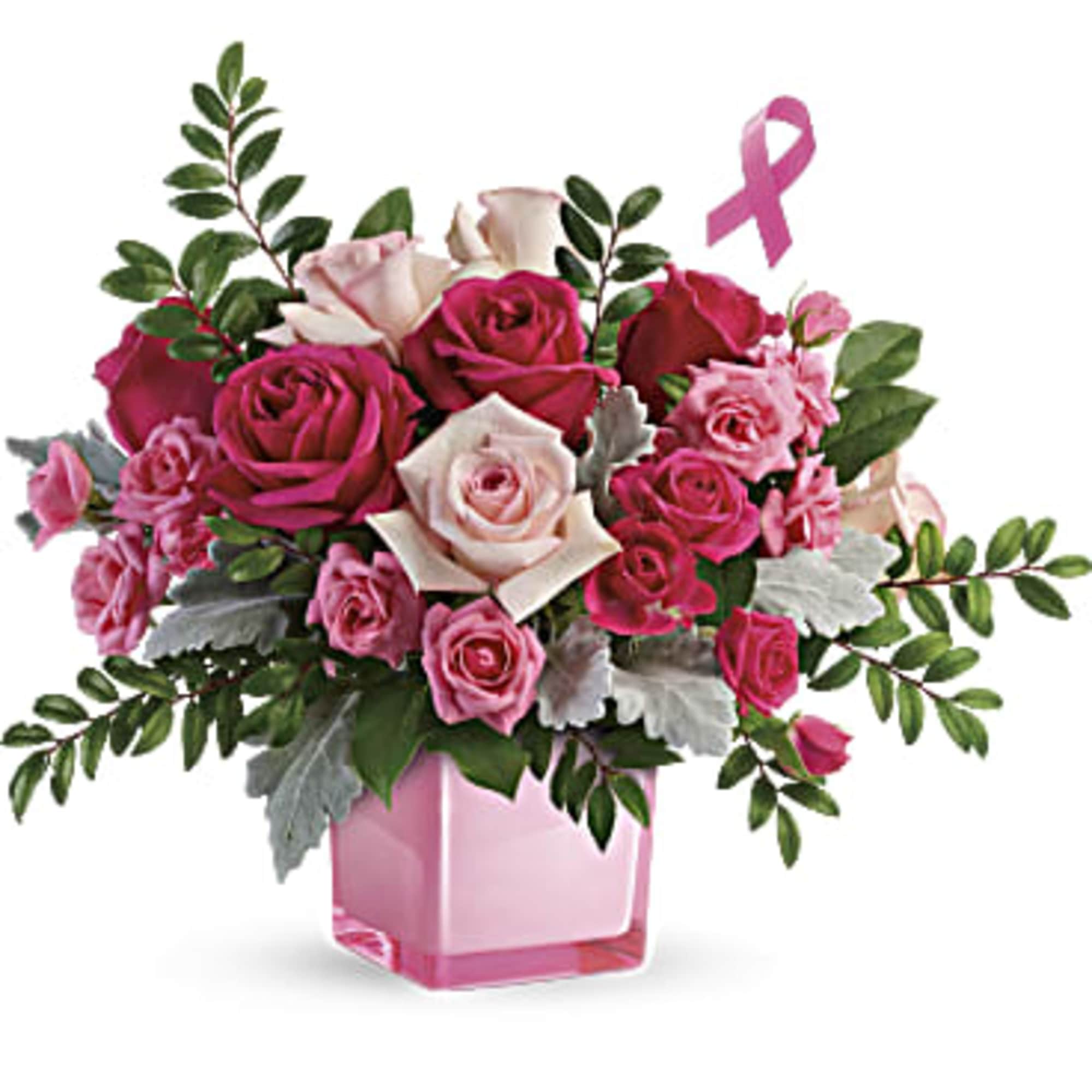Pink is power! This beautiful, lush bouquet features roses in every shade
