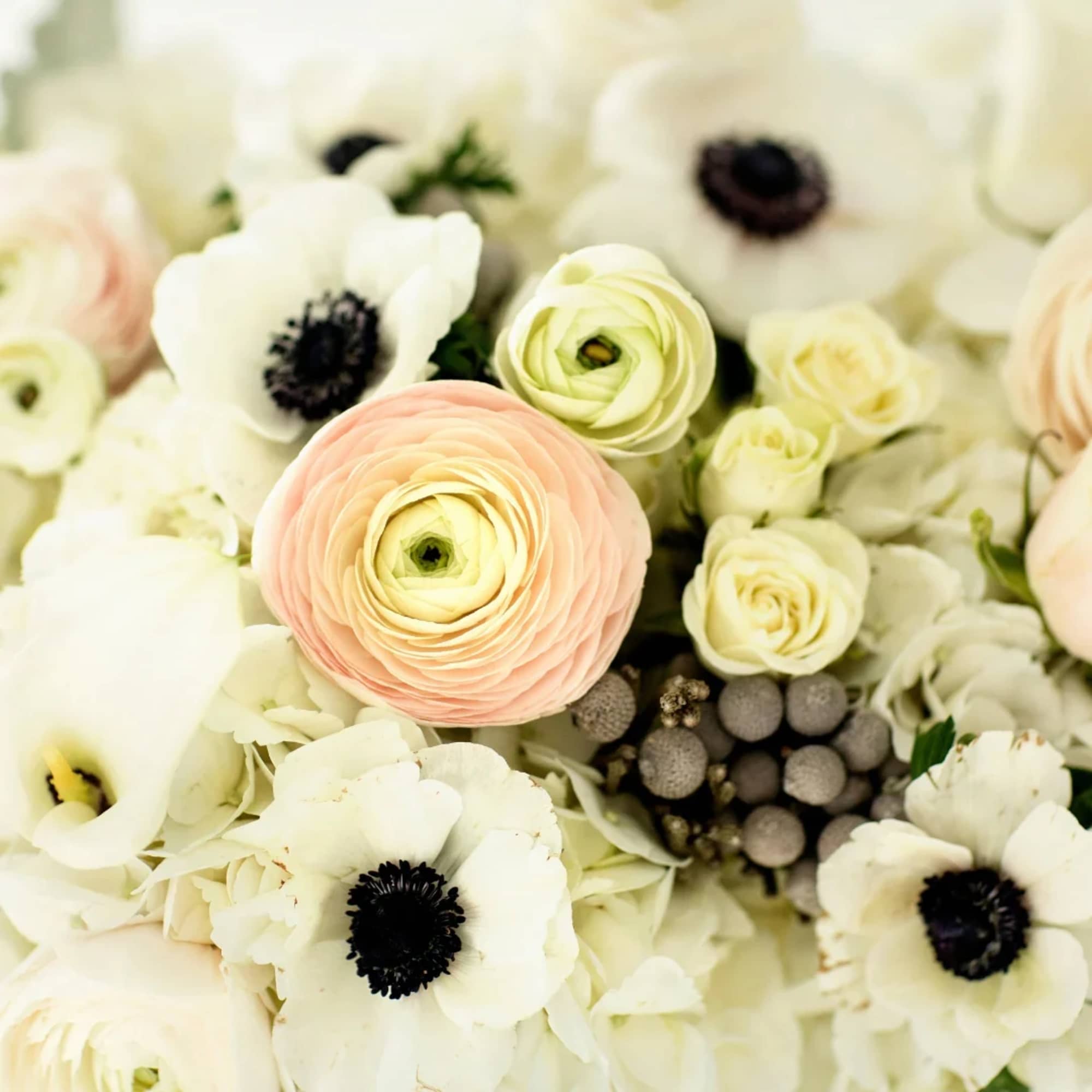 A soft-spoken stunner of Anemone, Ranunculus, Hydrangea, Calla Lilies, Brunia, and garden