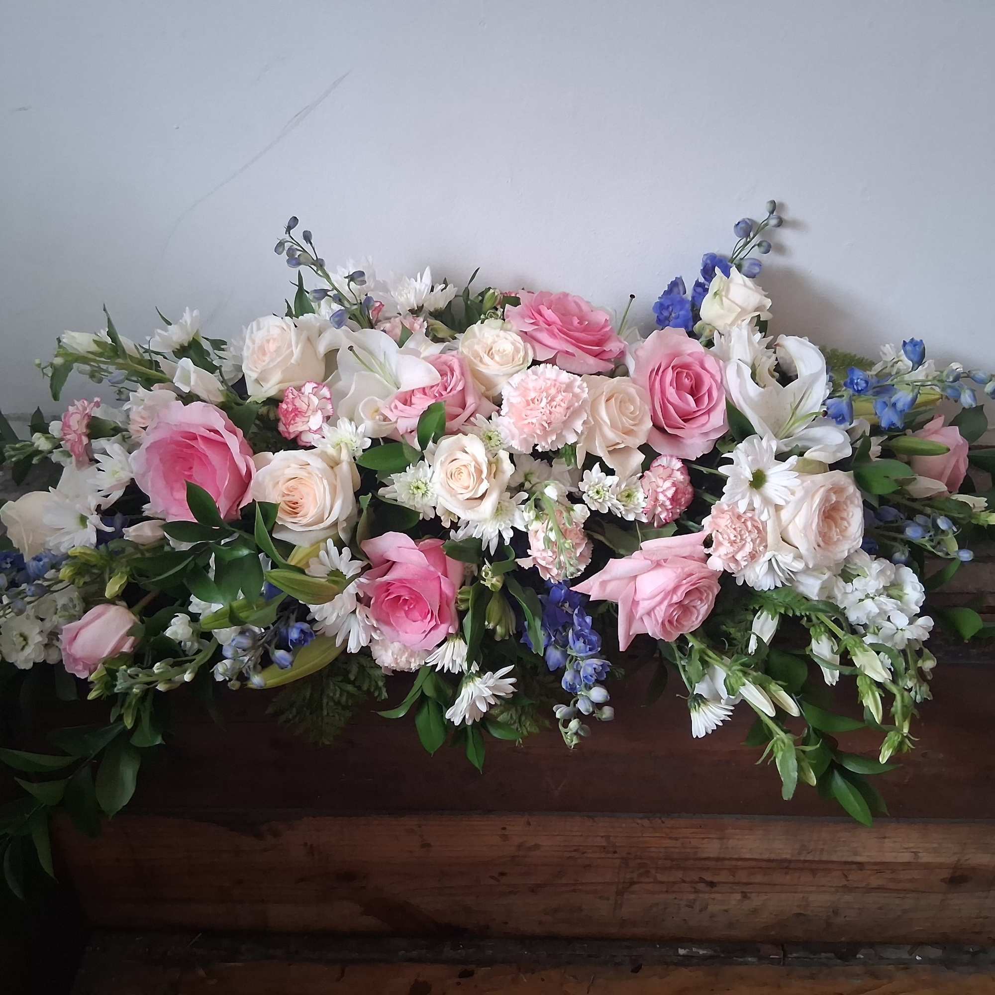 Beautiful pastel colors of blue, white and pink half a casket of