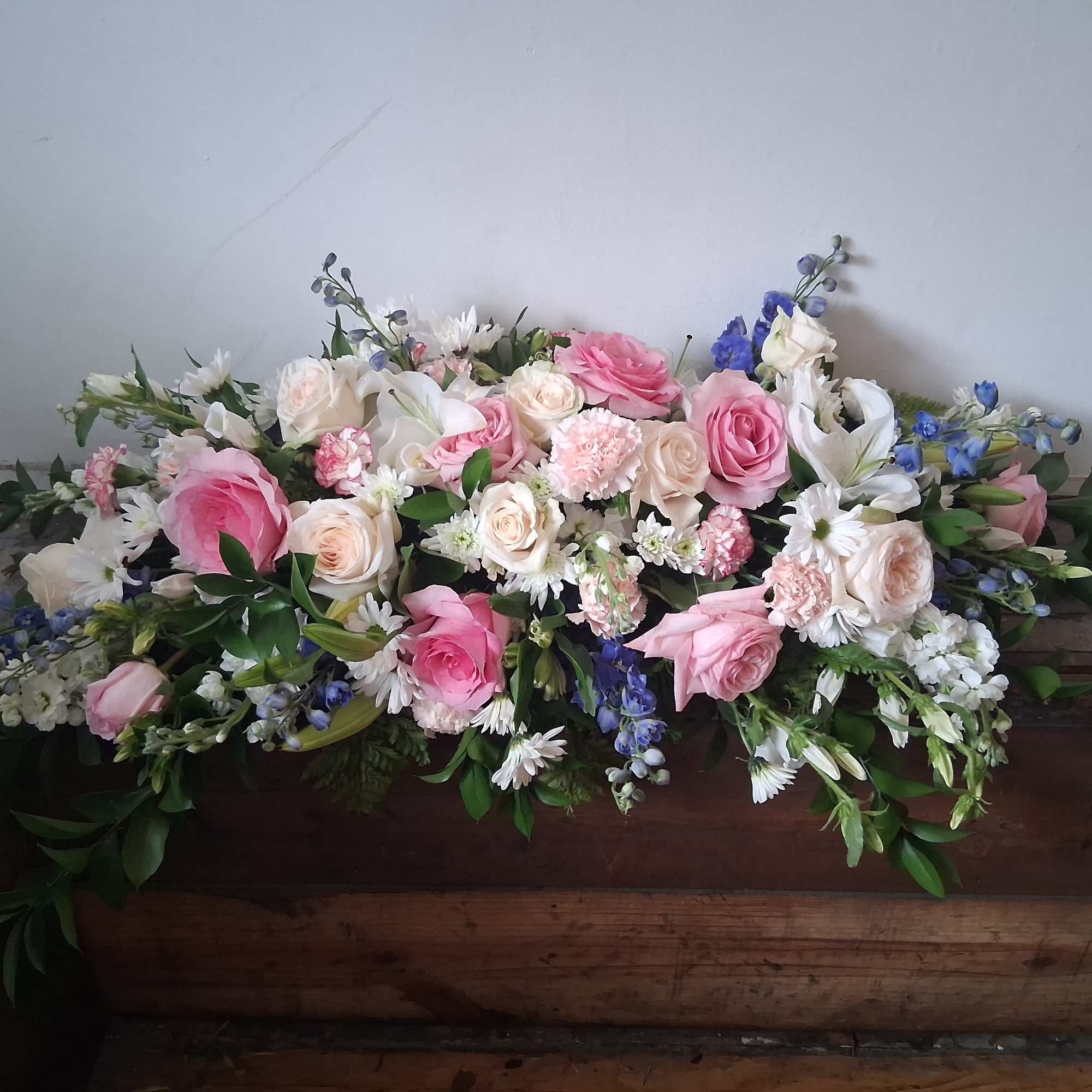 Beautiful pastel colors of blue, white and pink half a casket of