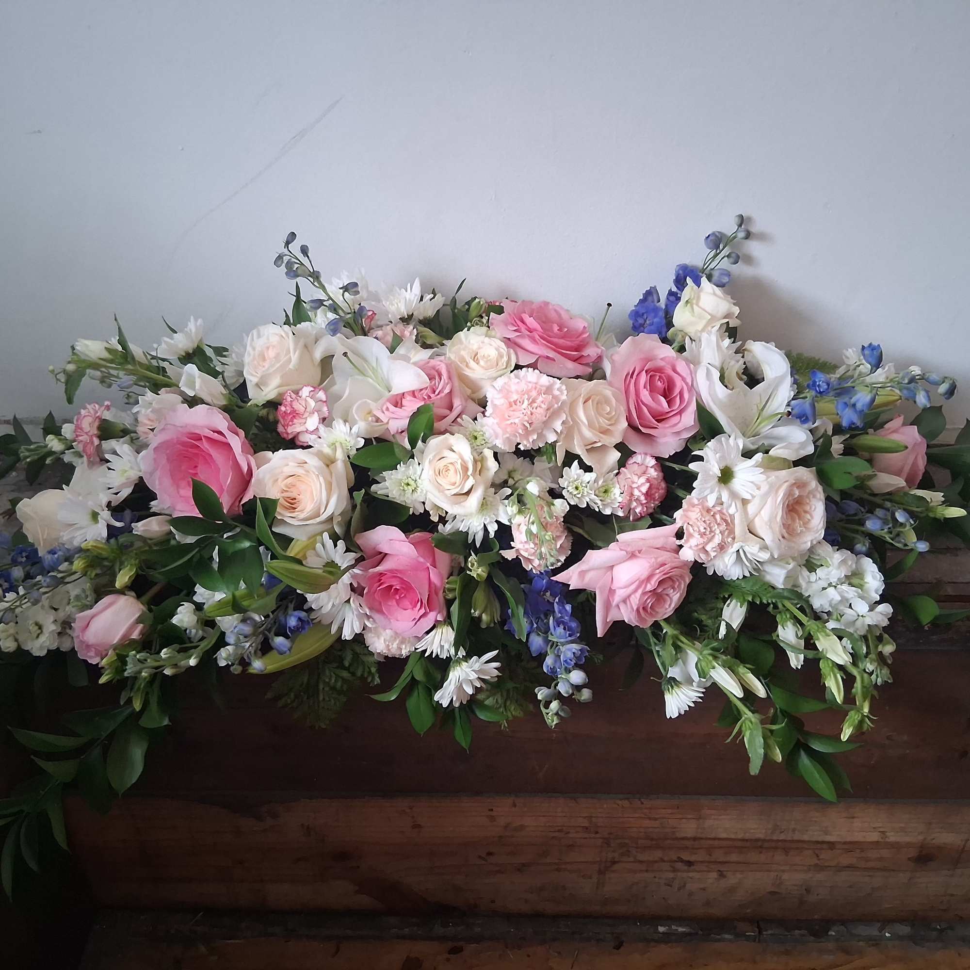 Beautiful pastel colors of blue, white and pink half a casket of