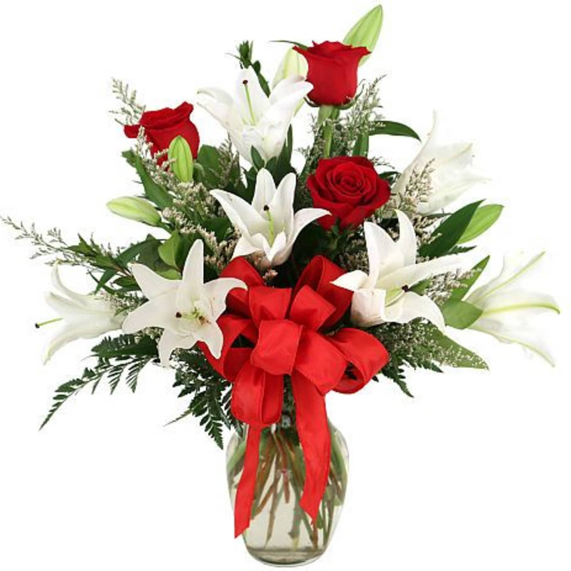Red for passion... white for love. Glass vase arrangement of love and