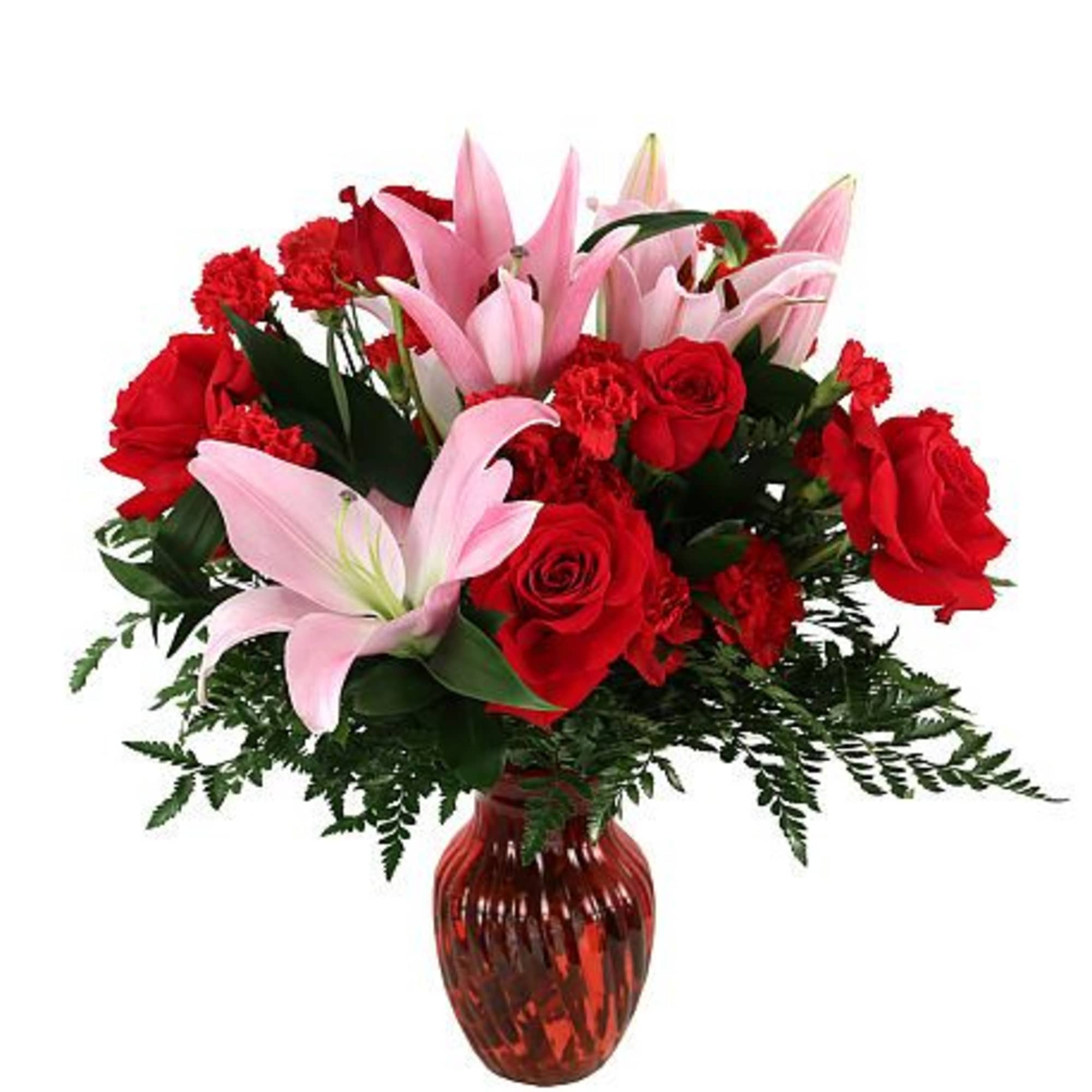 Sensational I Love You floral arrangement in a red-tinted vase of pink