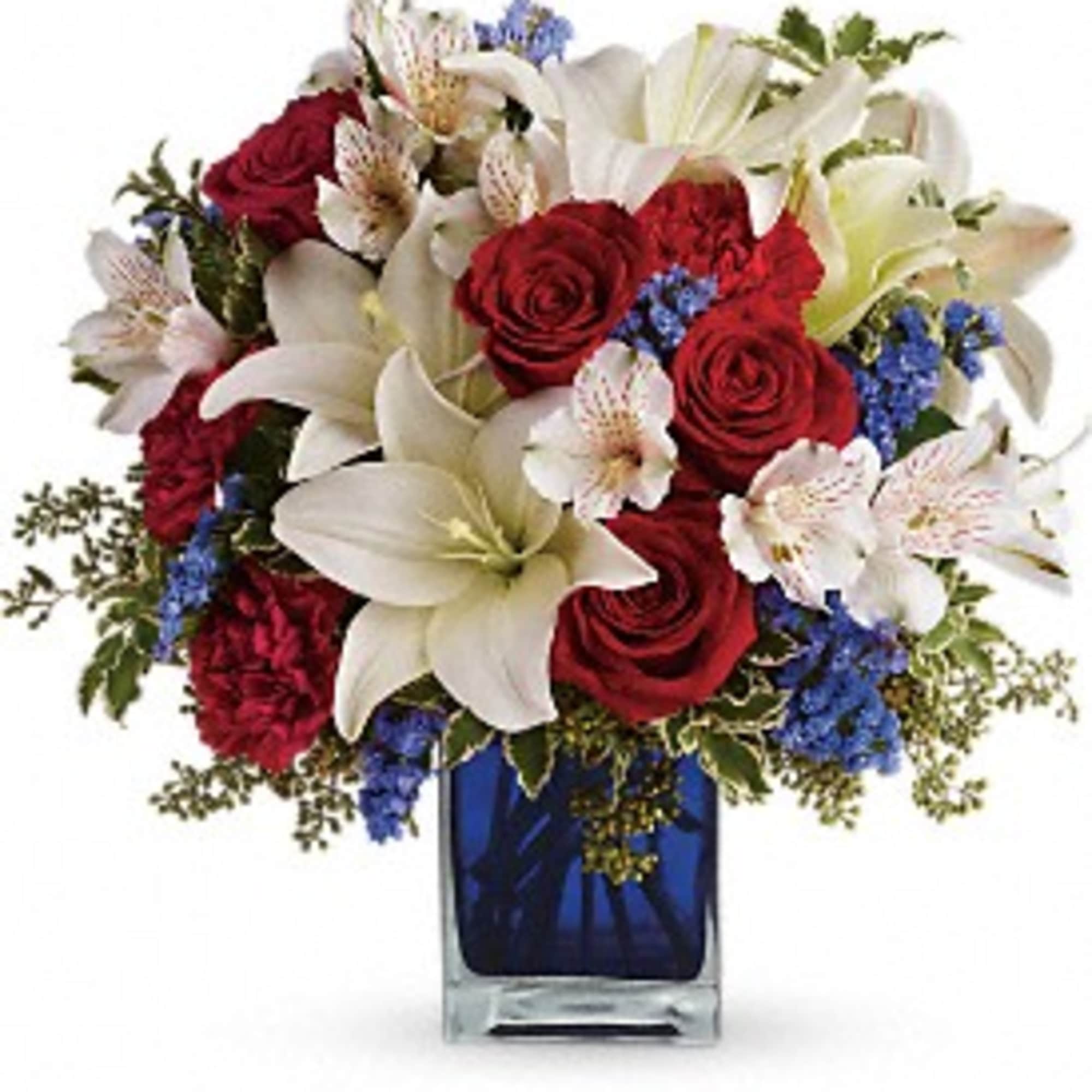 Red roses, white asiatic lilies, white alstroemeria, blue statice and red carnations