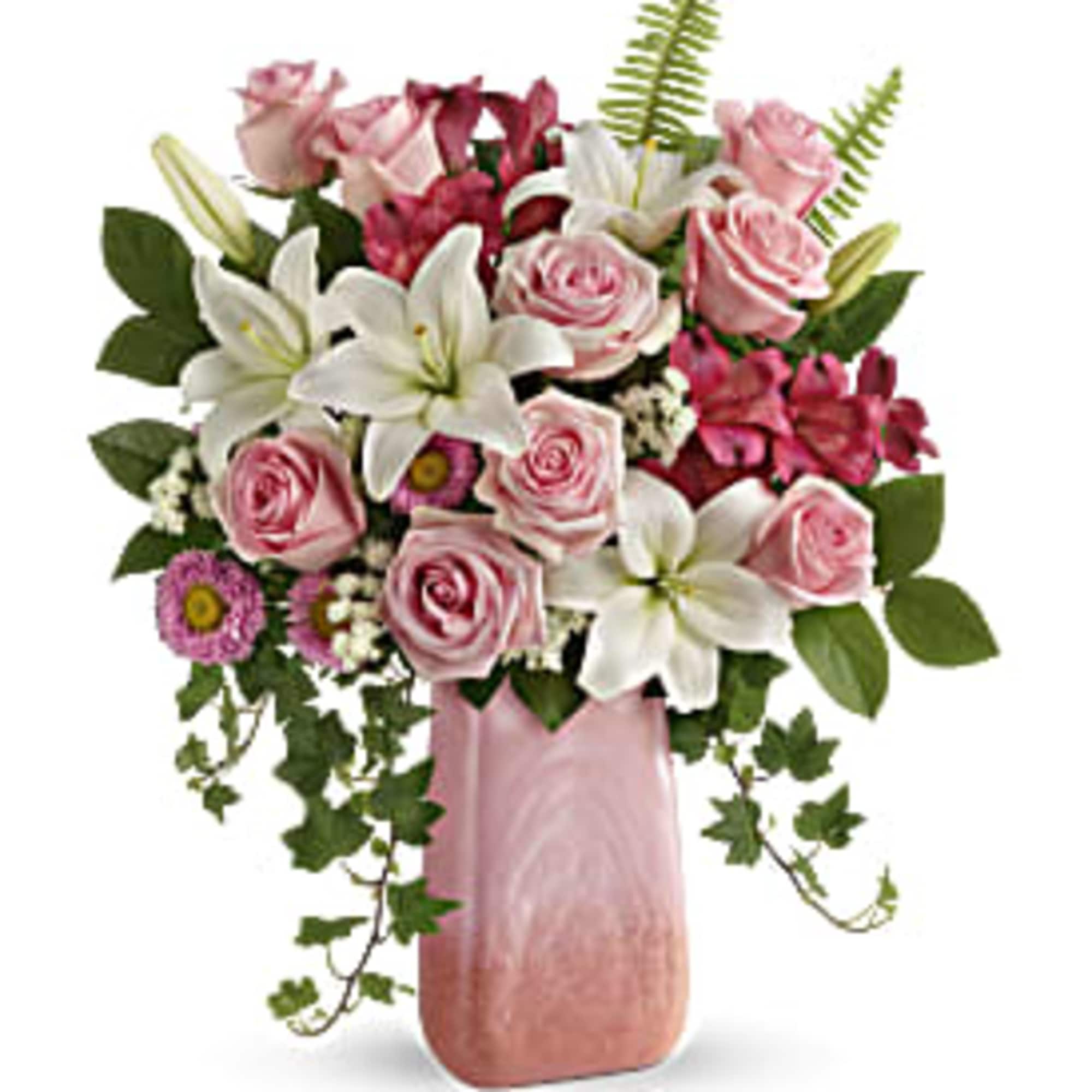 Inspired by the cherry quartz gemstone, this boho-beautiful, hand-blown art glass vase