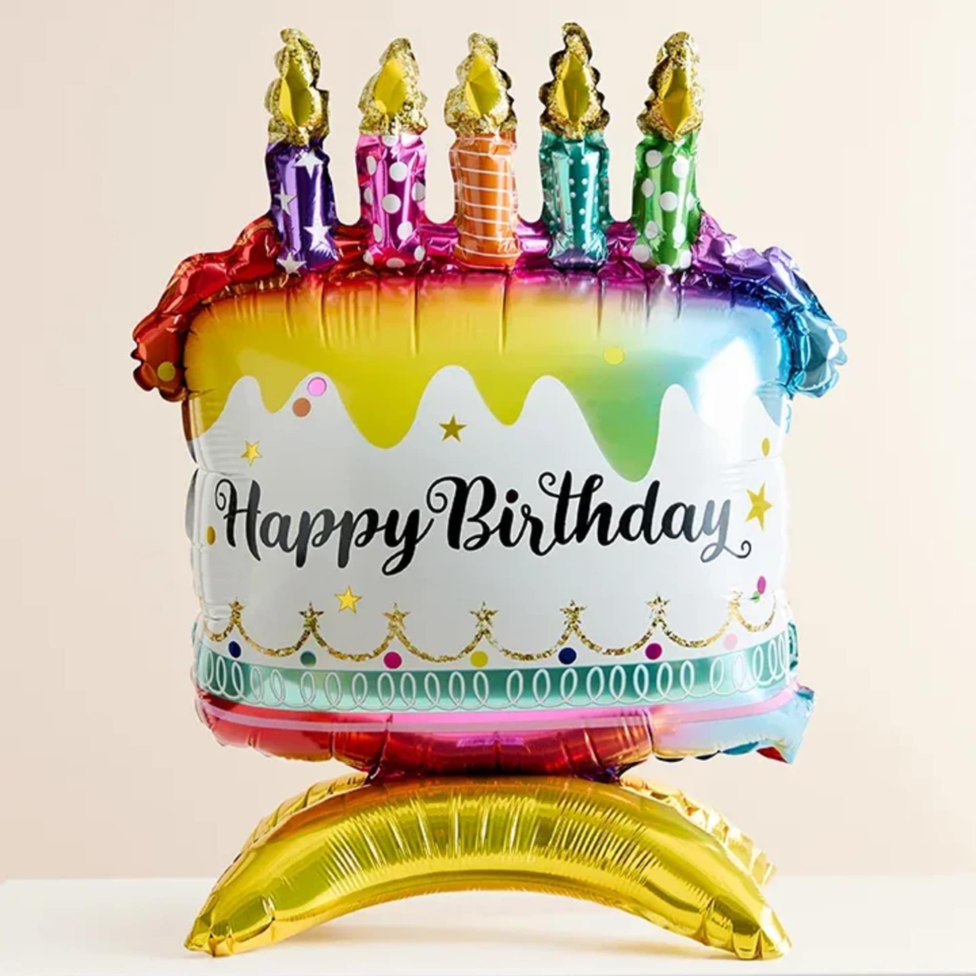 Birthday Cake Balloon. Sits on a flat surface. Measures 14 in X