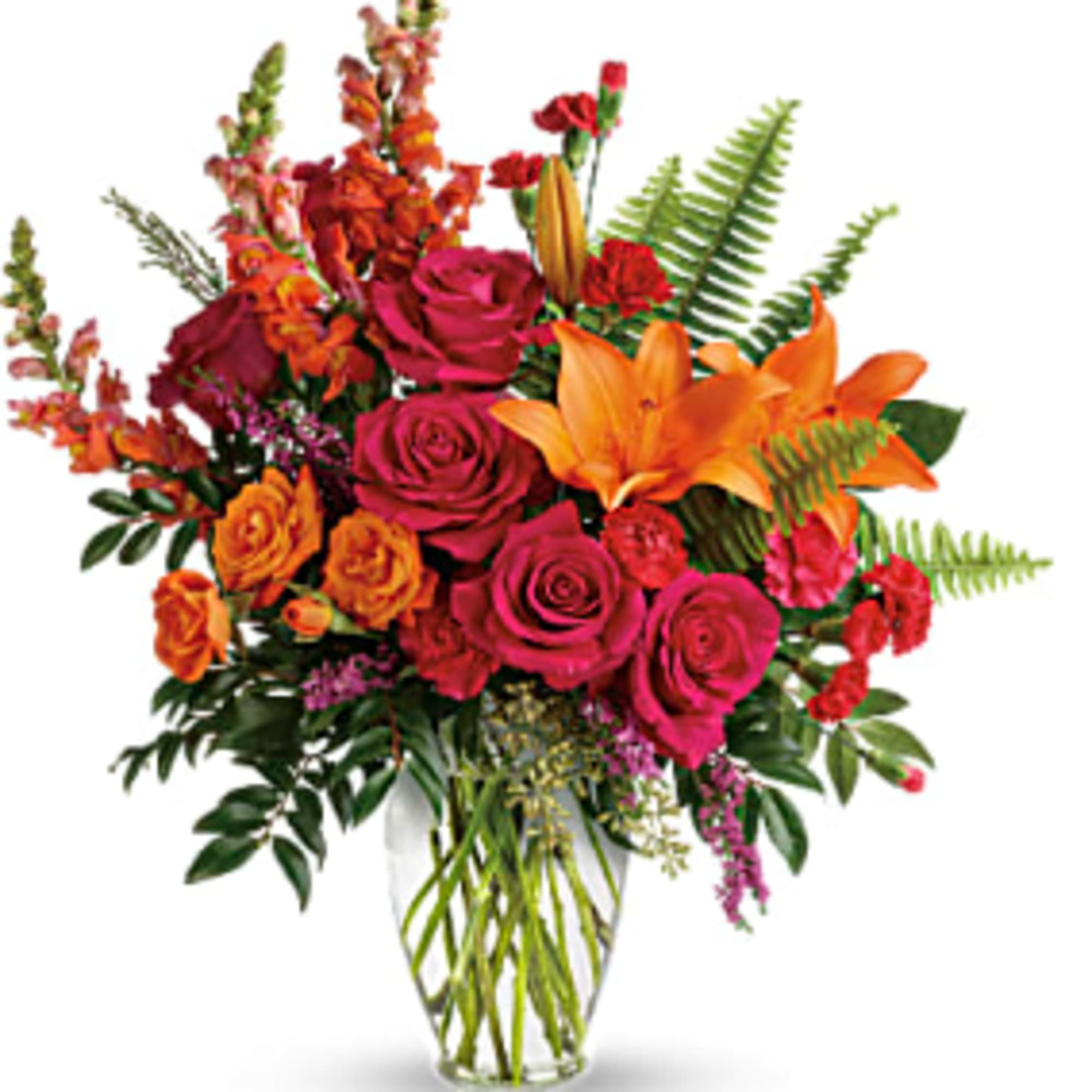 Sunset-inspired color, this bold, beautiful blend of hot pink roses and orange