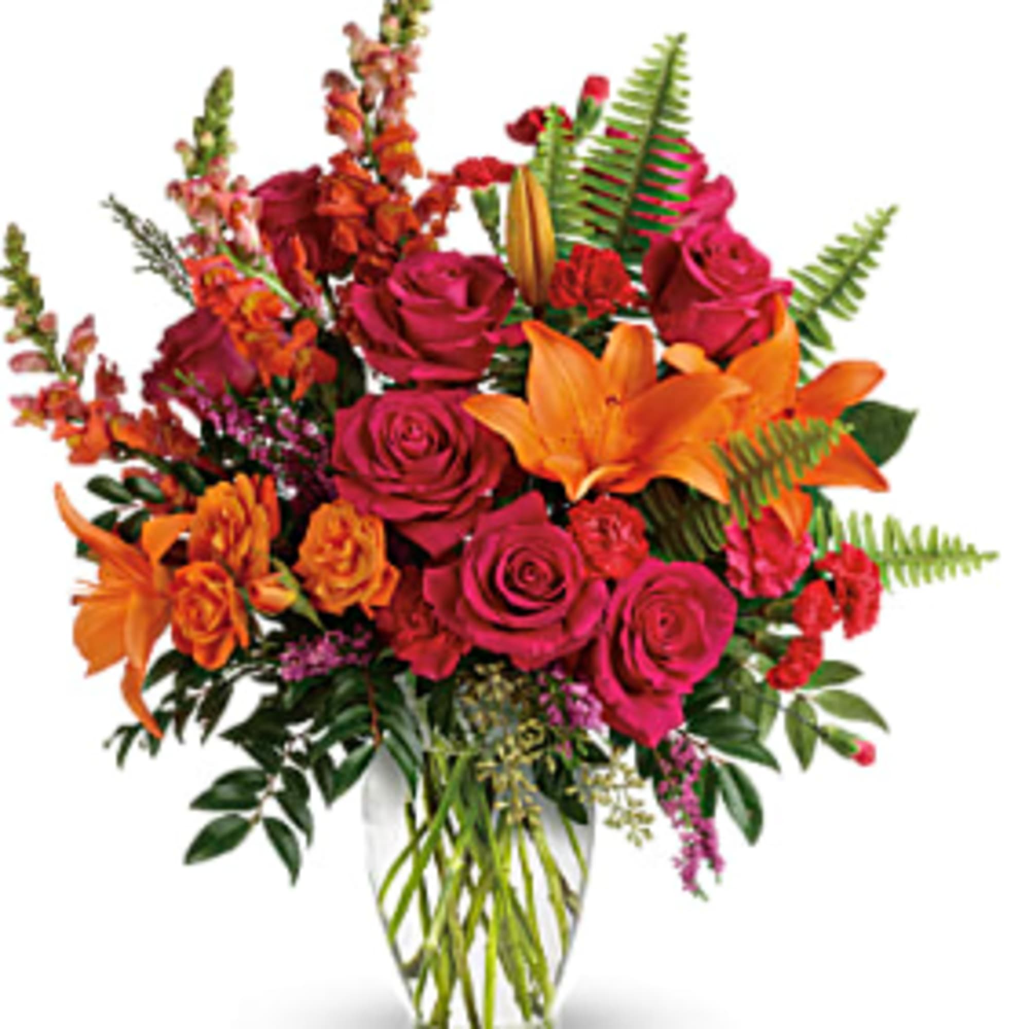 Sunset-inspired color, this bold, beautiful blend of hot pink roses and orange
