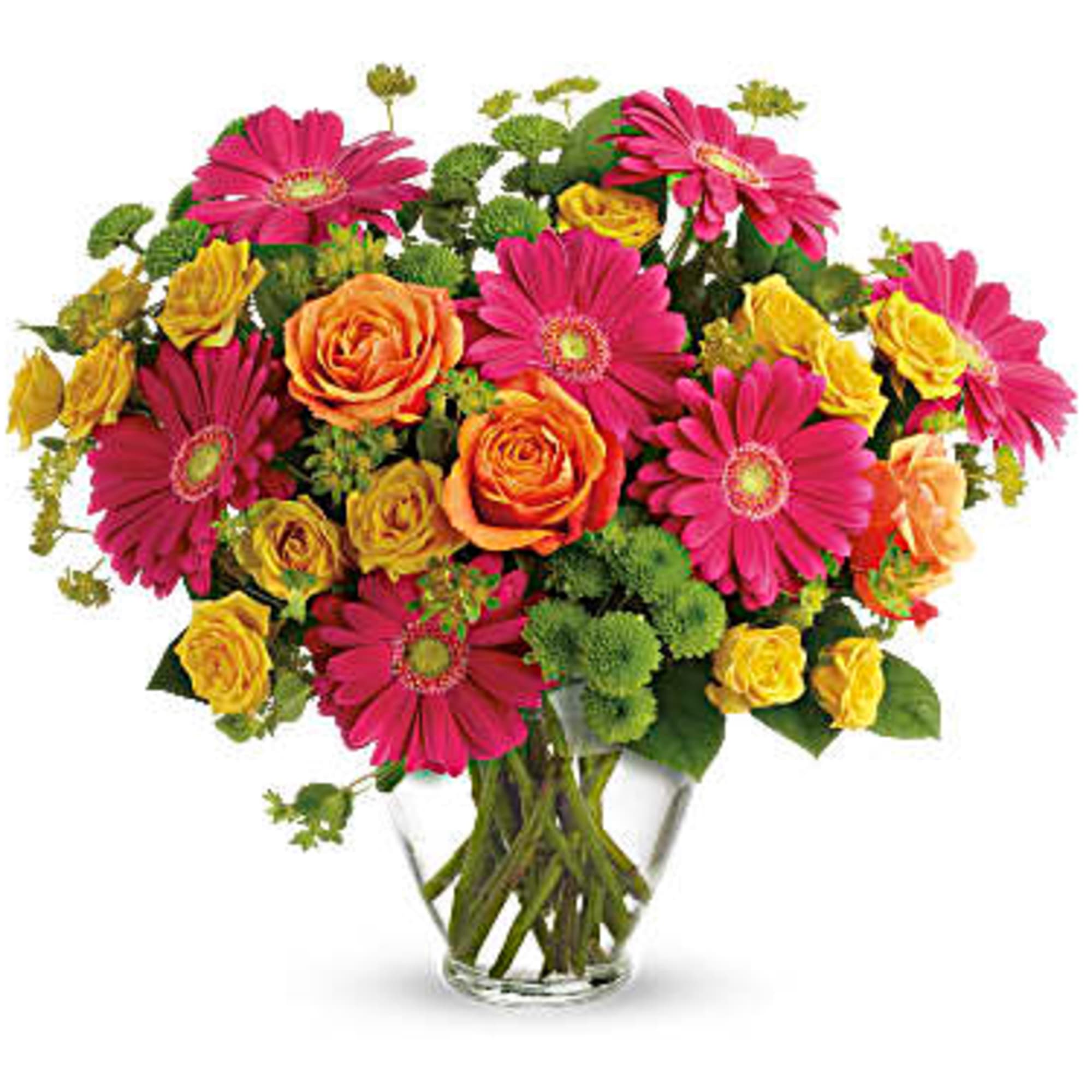 Start the day with hot pink gerbera daisies and orange roses.