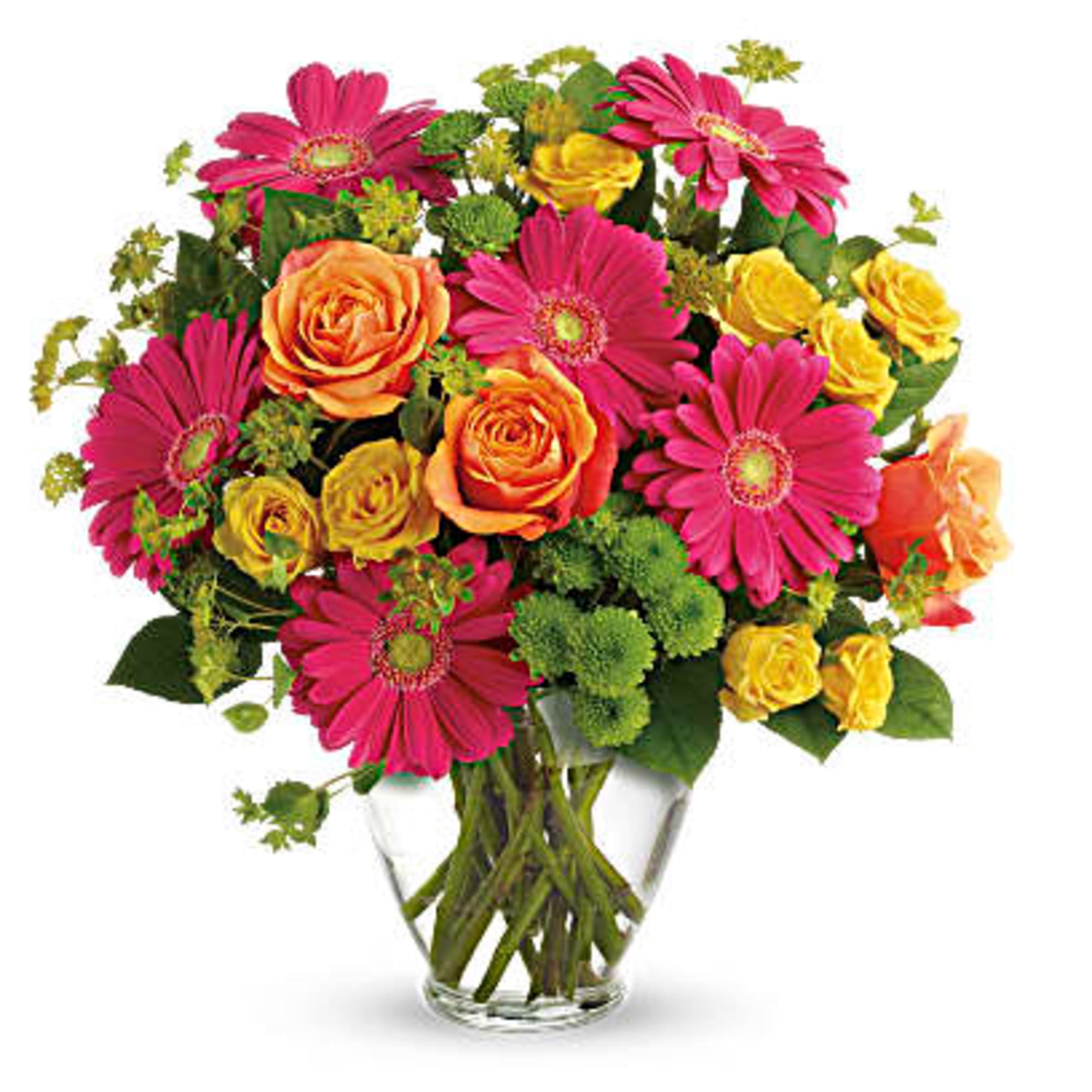 Start the day with hot pink gerbera daisies and orange roses.