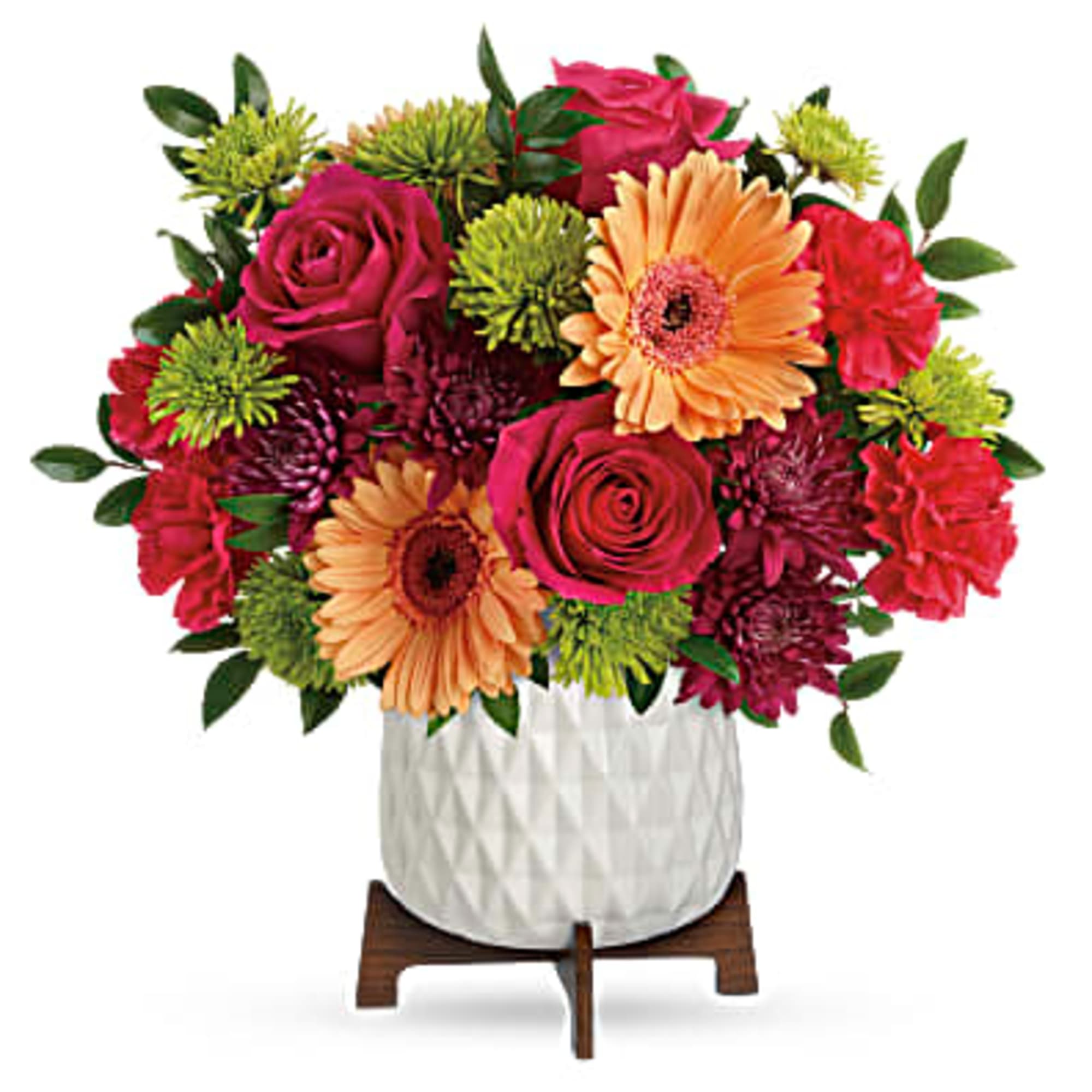 A bright bouquet of hot pink roses, peach gerberas, hot pink carnations
