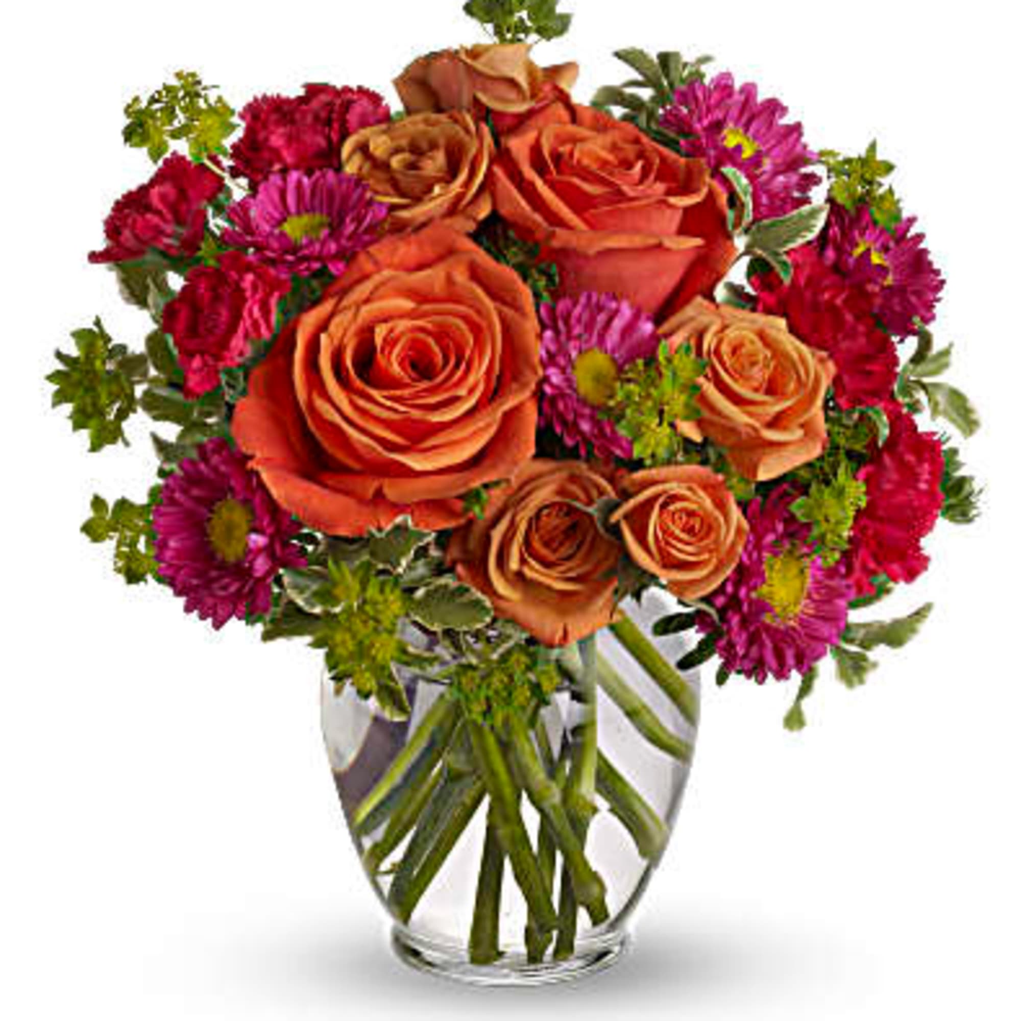 Warm orange roses, hot pink matsumoto asters and hot pink carnations are