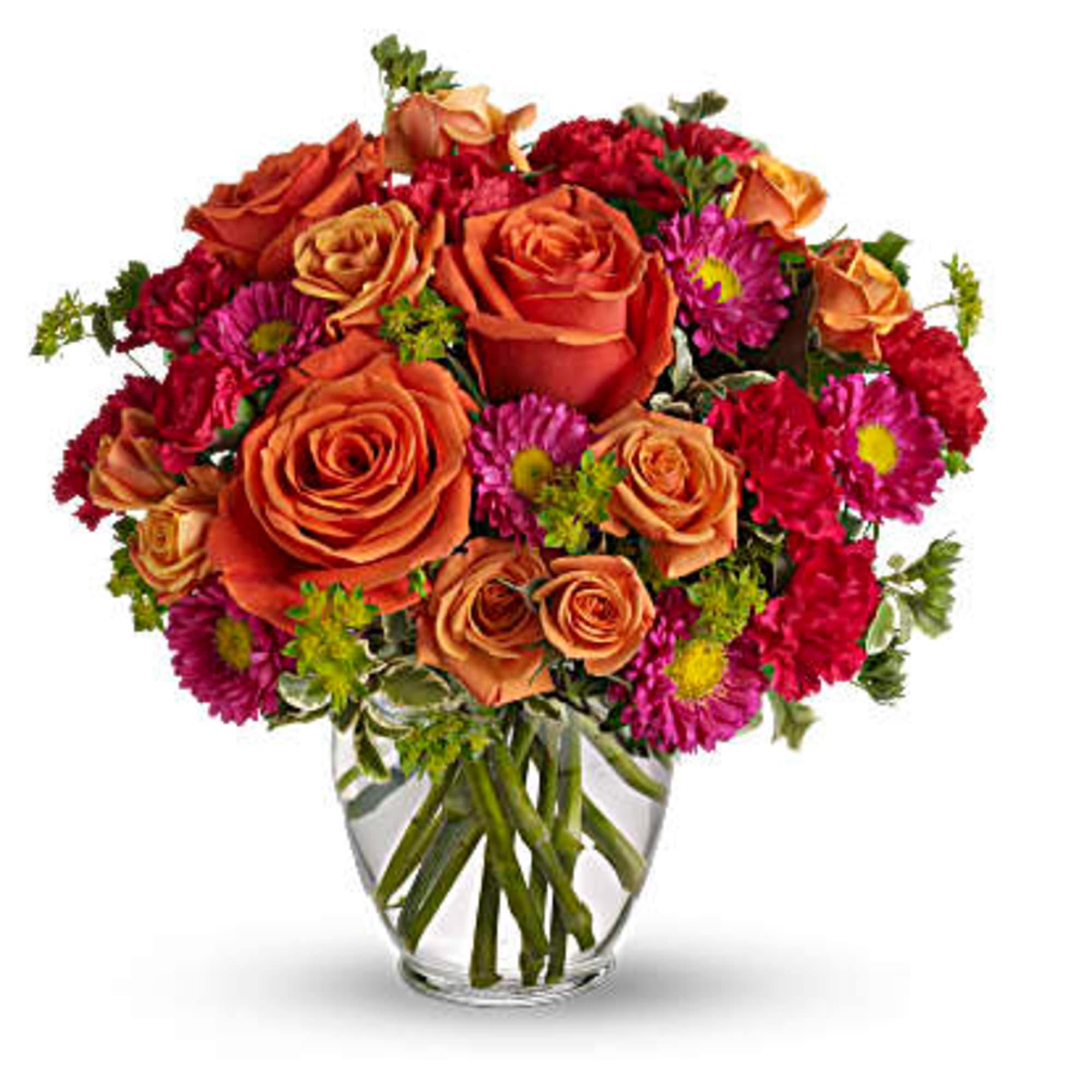 Warm orange roses, hot pink matsumoto asters and hot pink carnations are