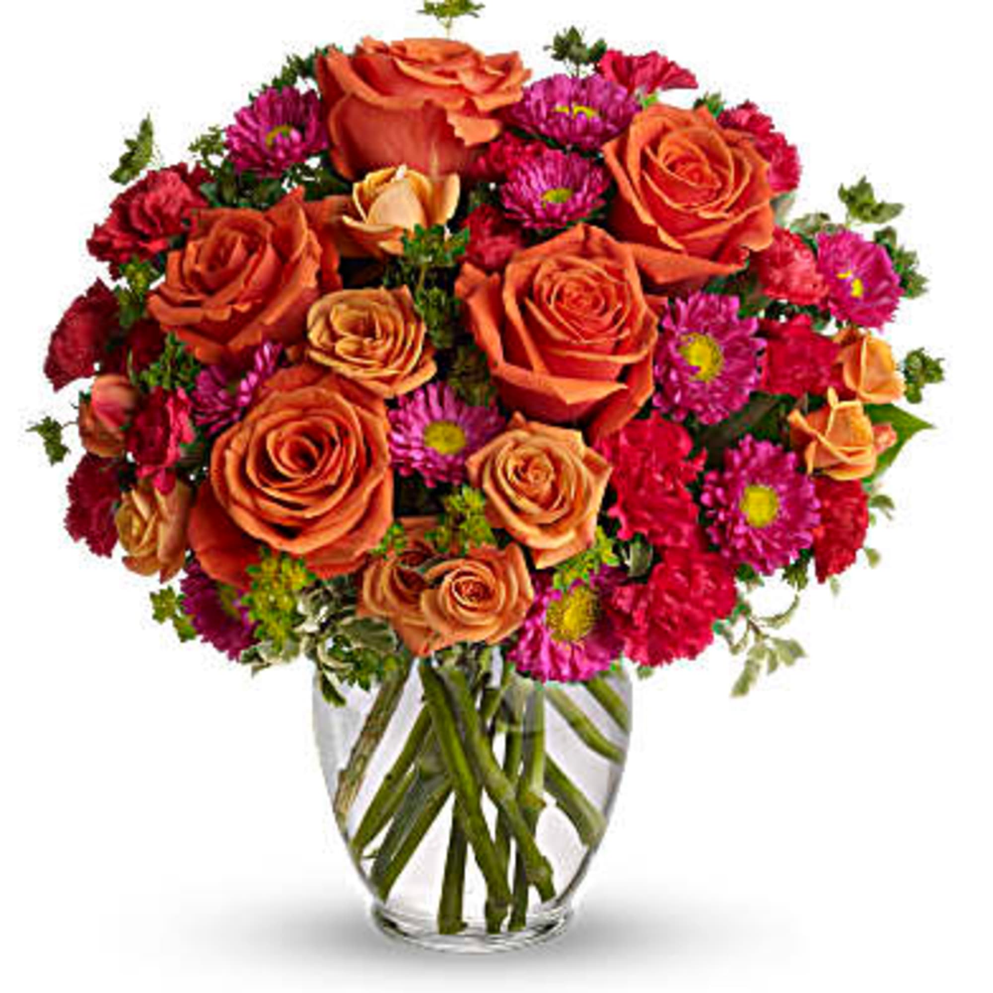 Warm orange roses, hot pink matsumoto asters and hot pink carnations are