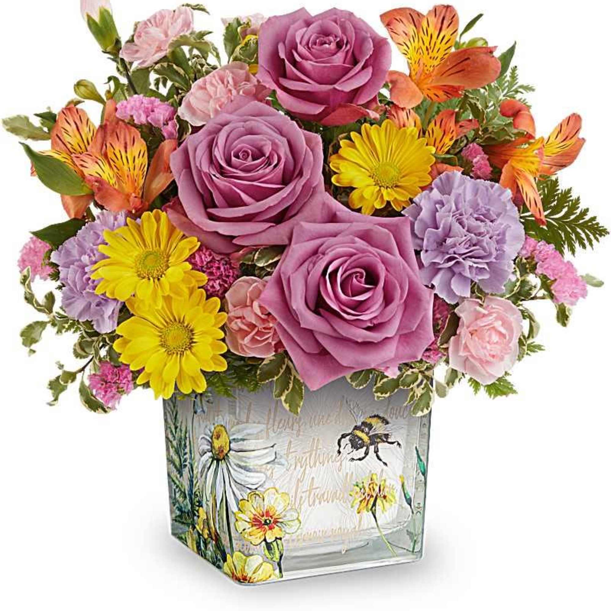 Like a bee dancing through a hidden garden, this enchanting bouquet of