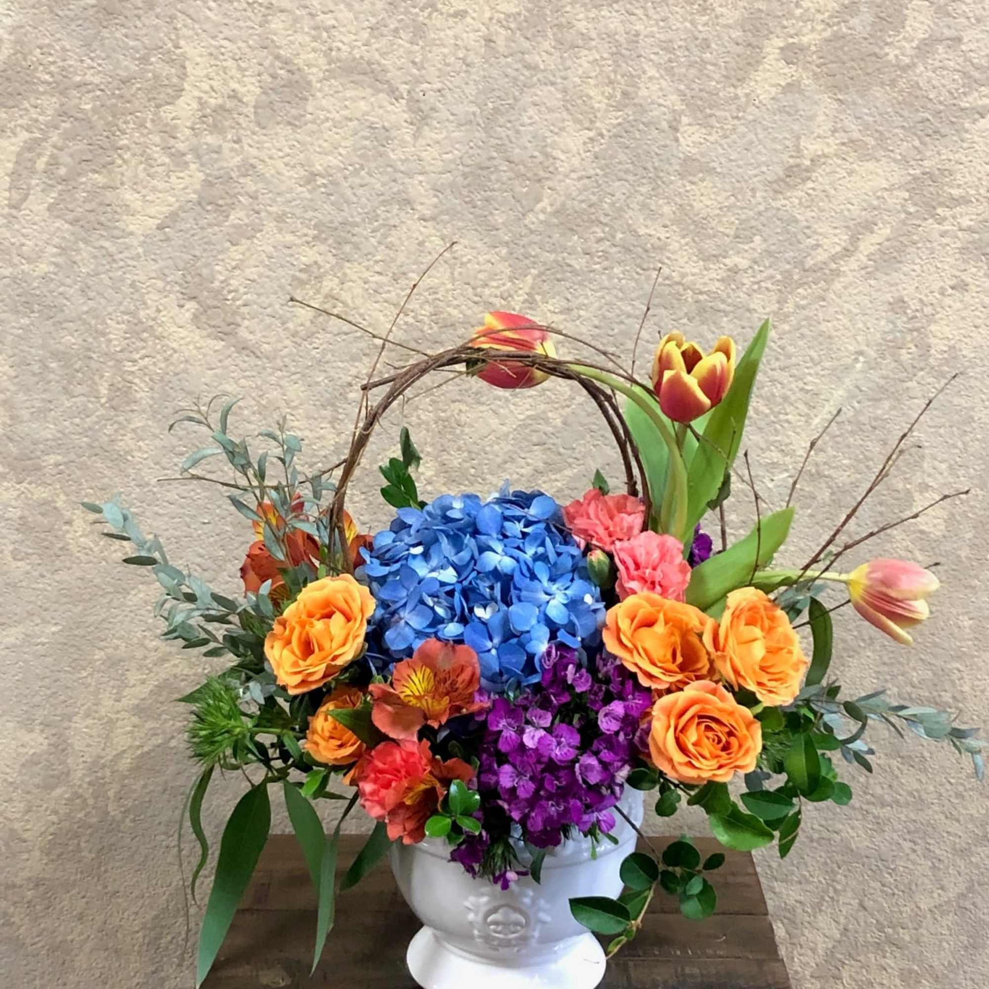 Recipe: Orange Roses, Purple and Blue Hydrangeas, Orange Spray Roses, Pink Carnations