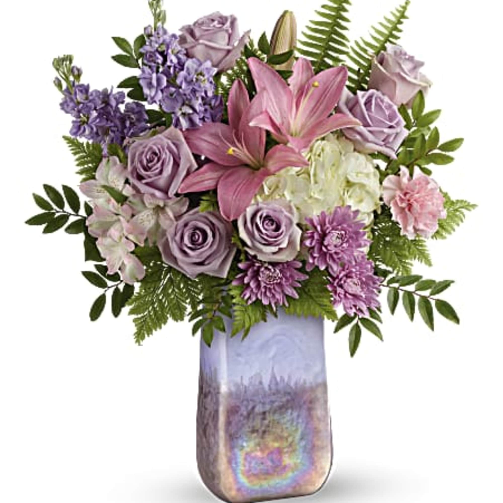 Lush roses and fragrant lilies pair together magnificently in this hand-blown art