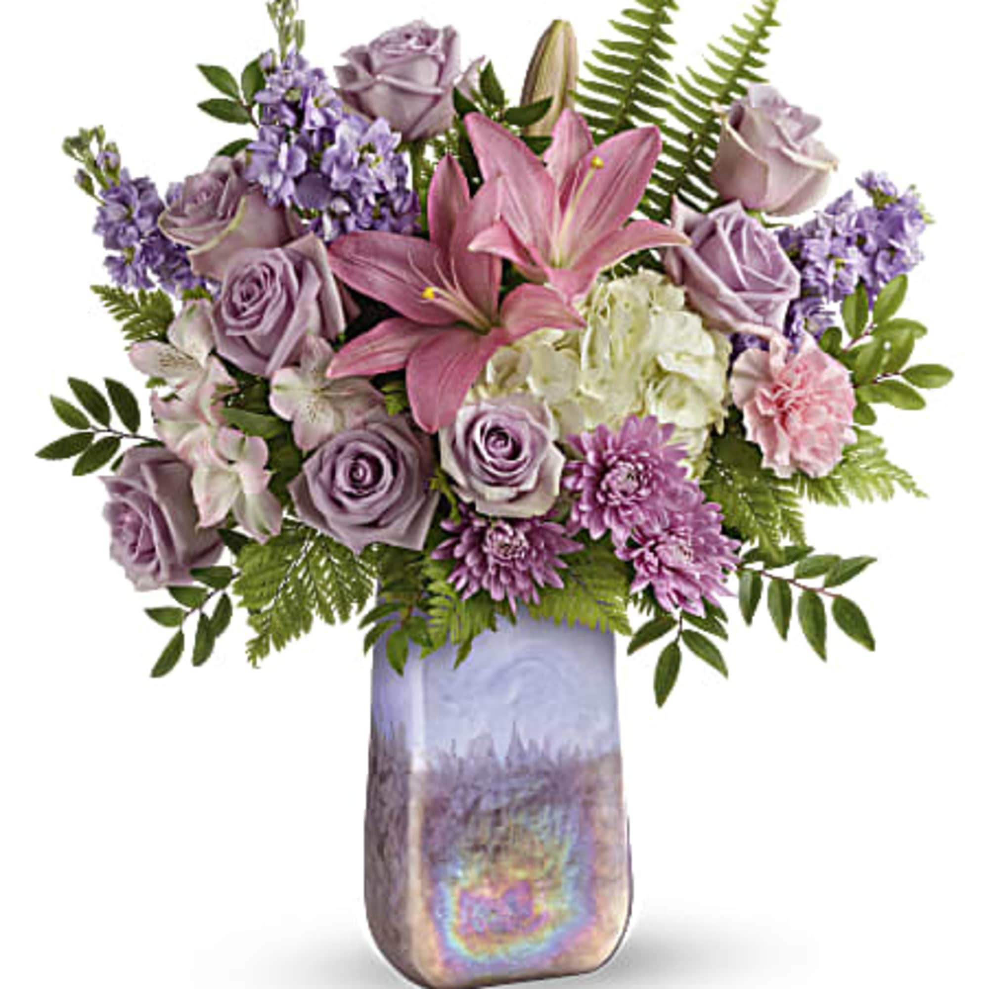 Lush roses and fragrant lilies pair together magnificently in this hand-blown art