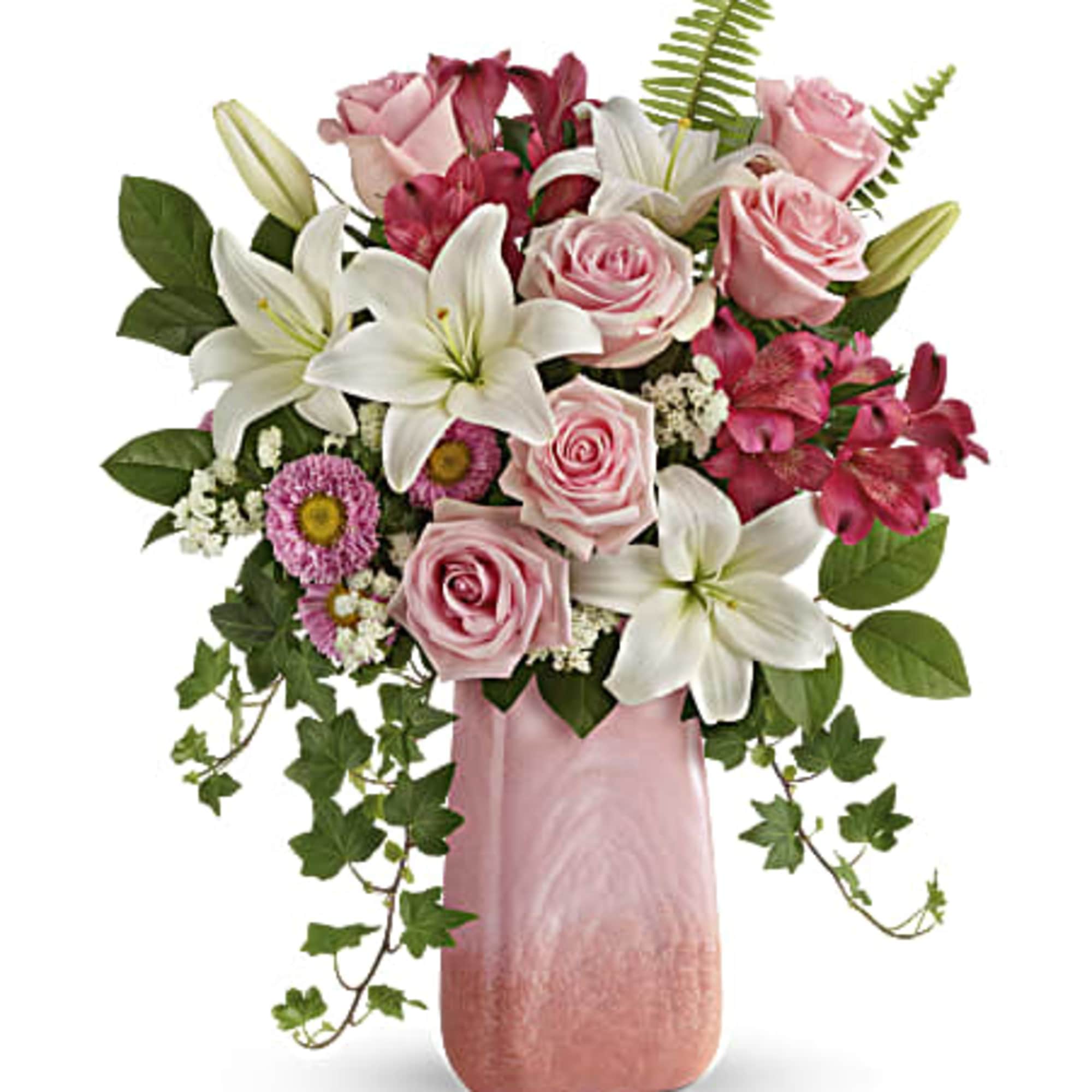 Inspired by the cherry quartz gemstone, this beautiful, hand-blown art glass vase Inspired by the cherry quartz gemstone, this beautiful, hand-blown art glass vase