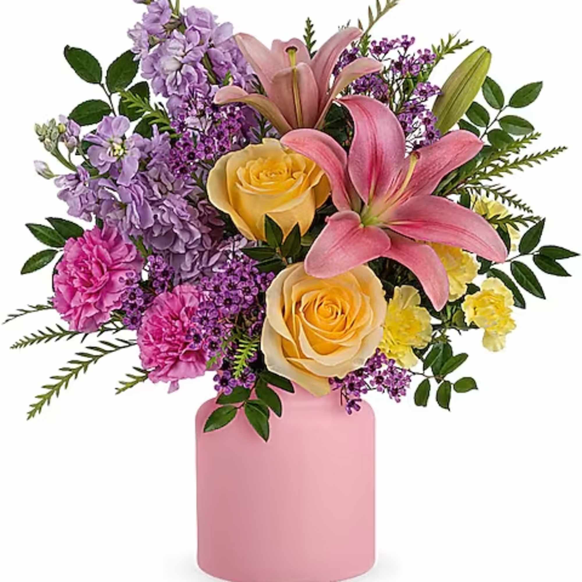 A most cheerful gift, this colorful bouquet of roses and lilies is