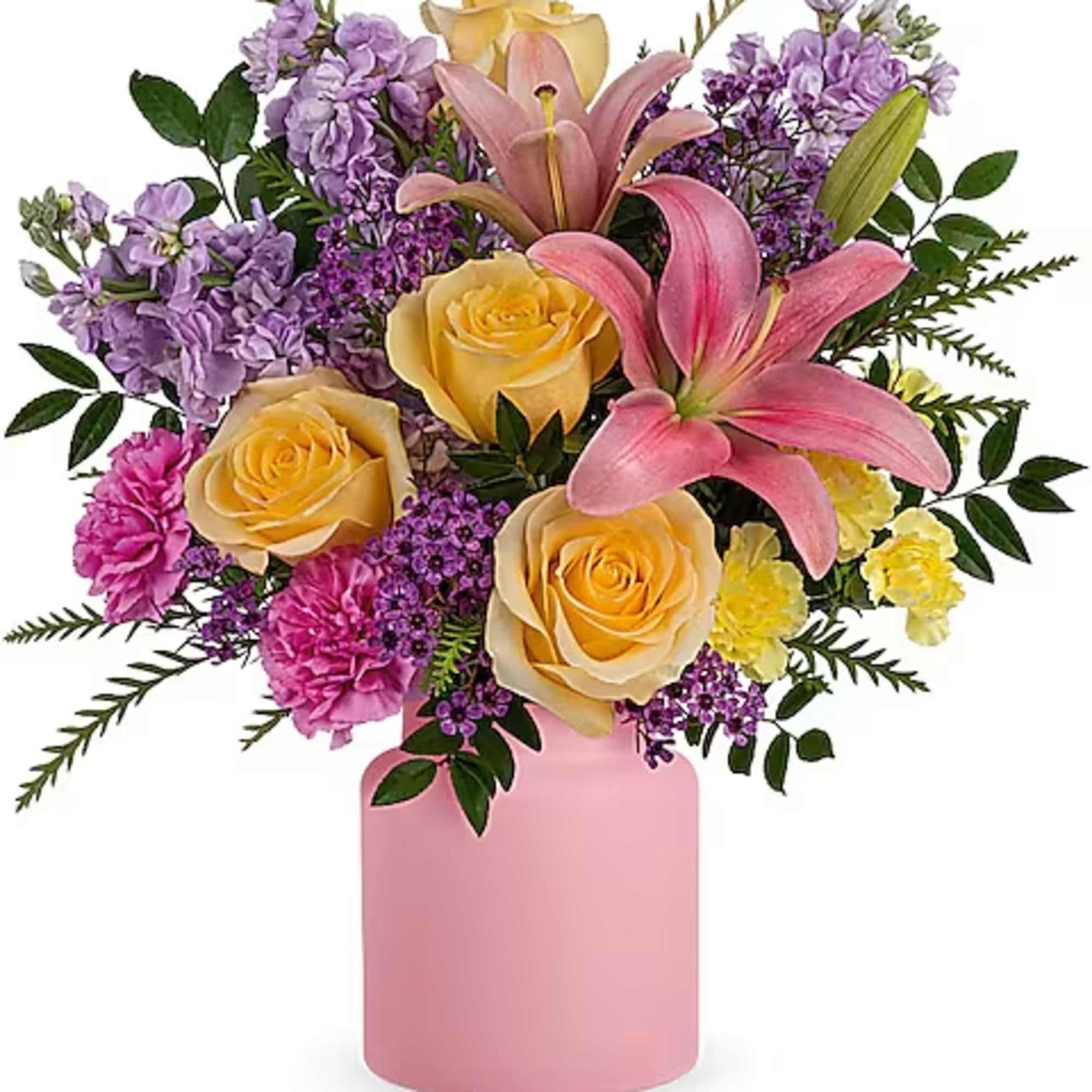 A most cheerful gift, this colorful bouquet of roses and lilies is