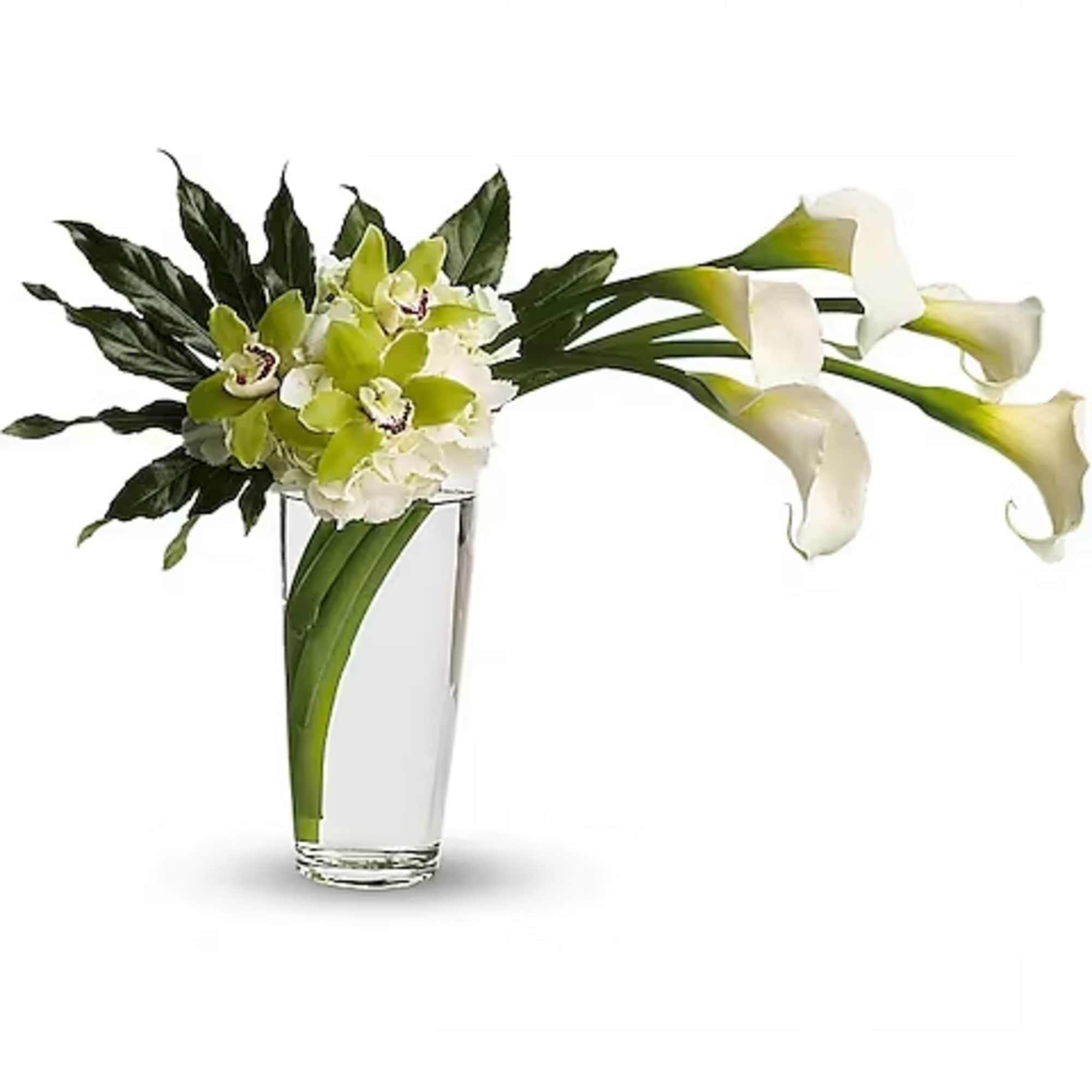 Moondance. Romance. Elegance! Captivating callas, white hydrangea, exotic orchids in a stunning