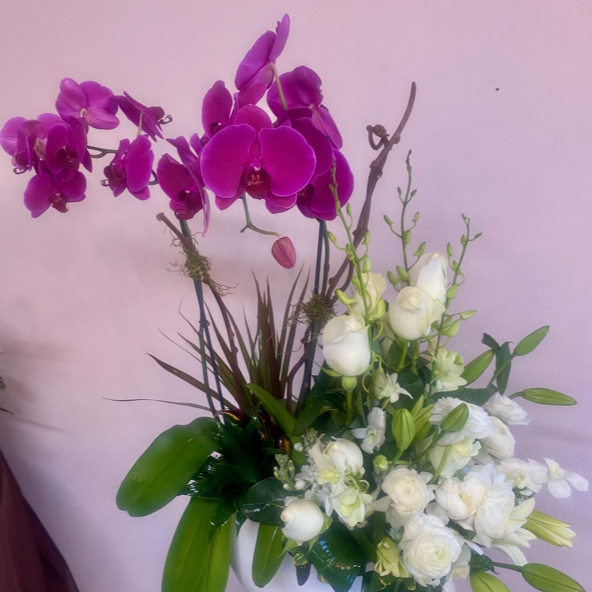 2 large fuchsia orchid blooming plants and a medley of florals such