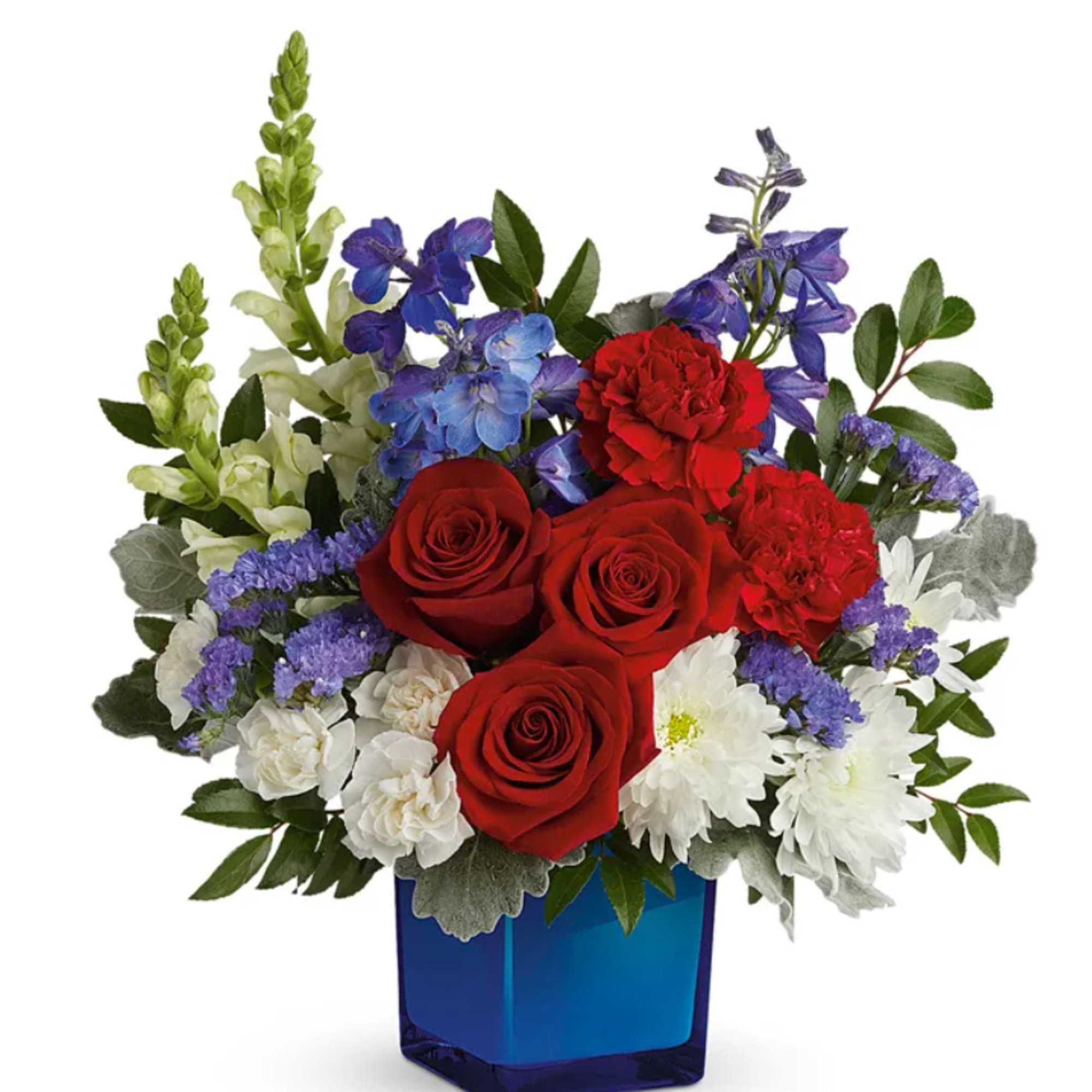 These patriotic and beautiful colors of red roses, red carnations, white miniature