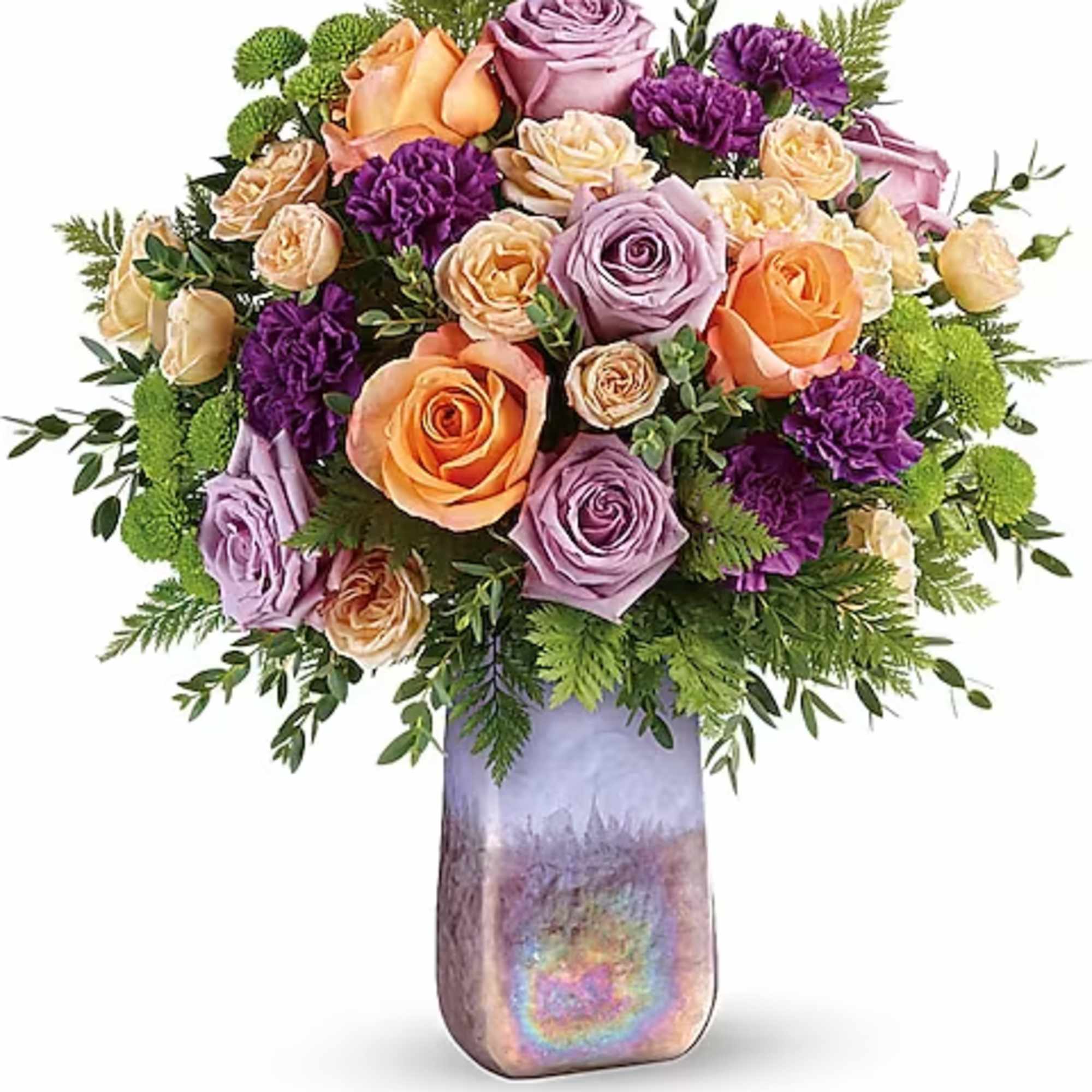 Two gifts in one! This glorious bouquet of lavender and peach roses