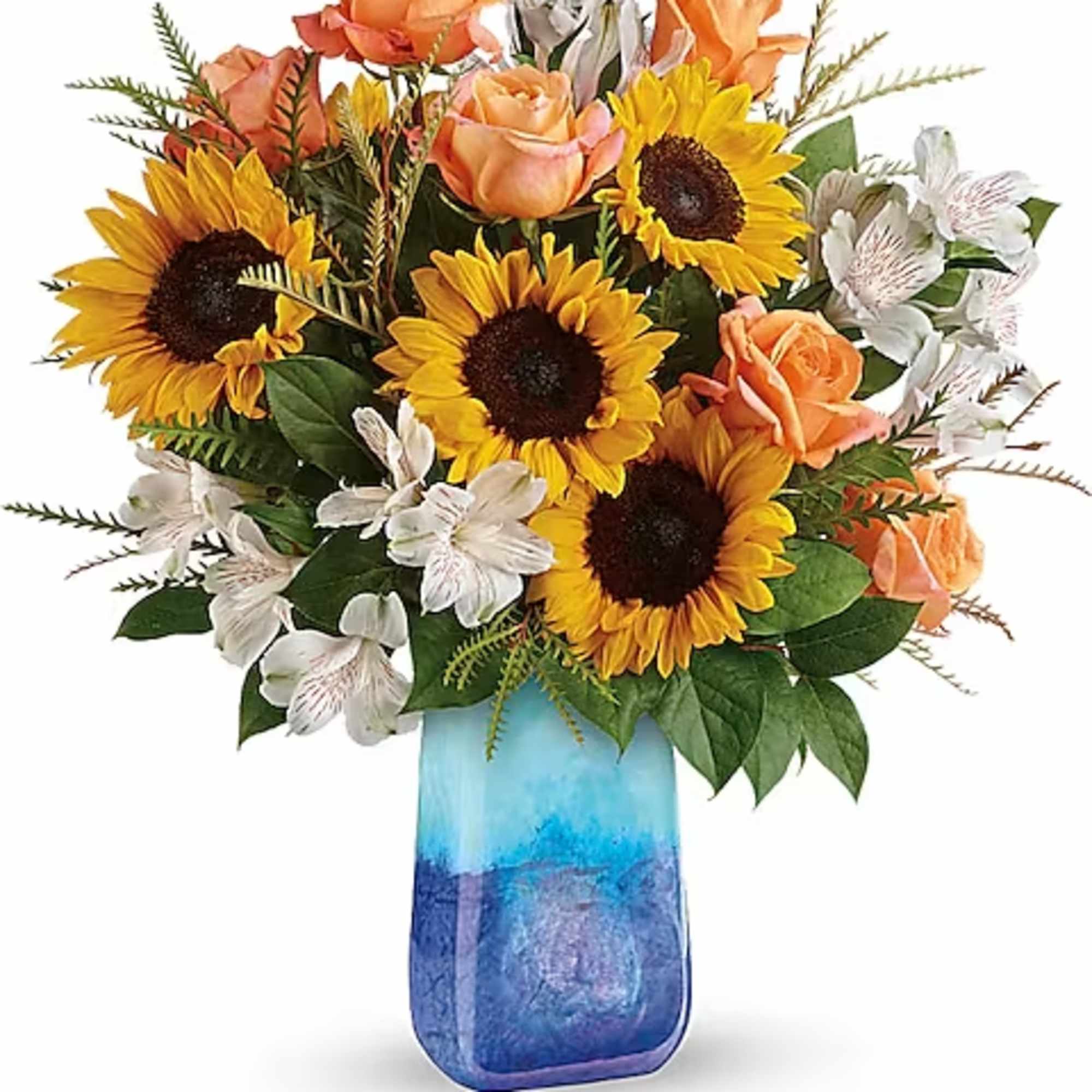 Like an ocean sunset, this bold bouquet of radiant sunflowers and orange