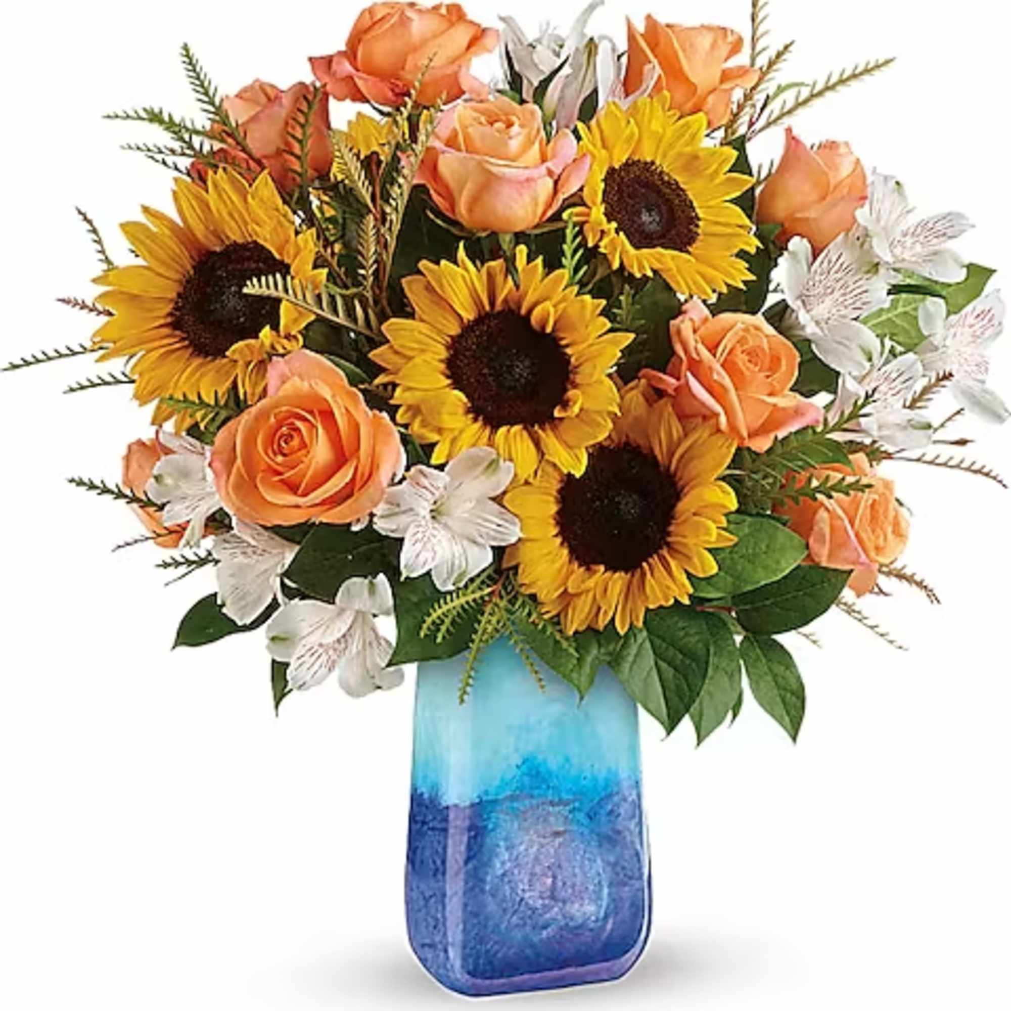 Like an ocean sunset, this bold bouquet of radiant sunflowers and orange