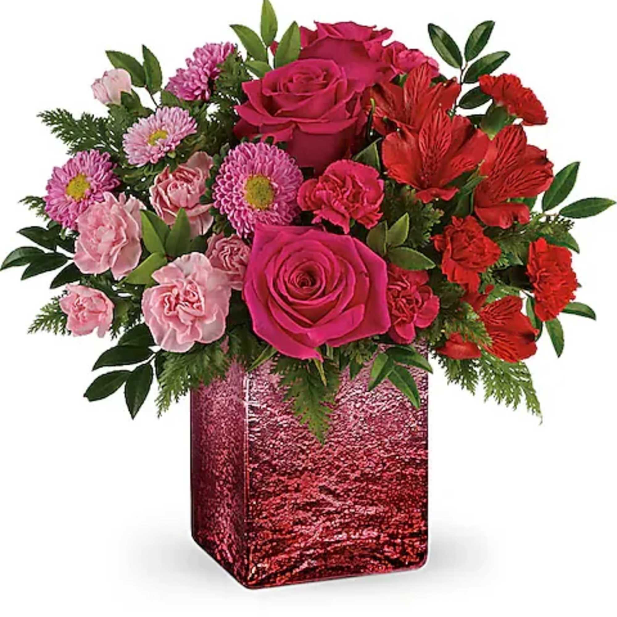 This ombre bouquet includes hot pink roses, red alstroemeria, hot pink miniature