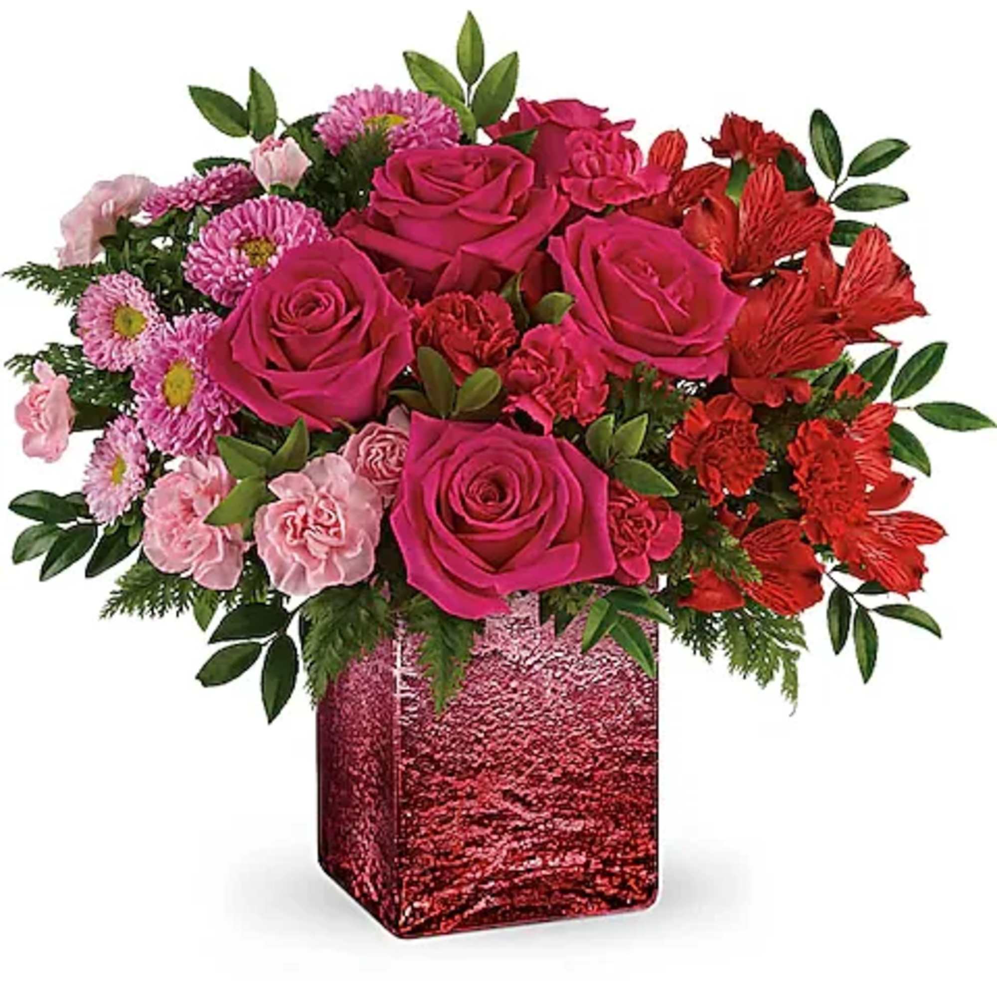This ombre bouquet includes hot pink roses, red alstroemeria, hot pink miniature