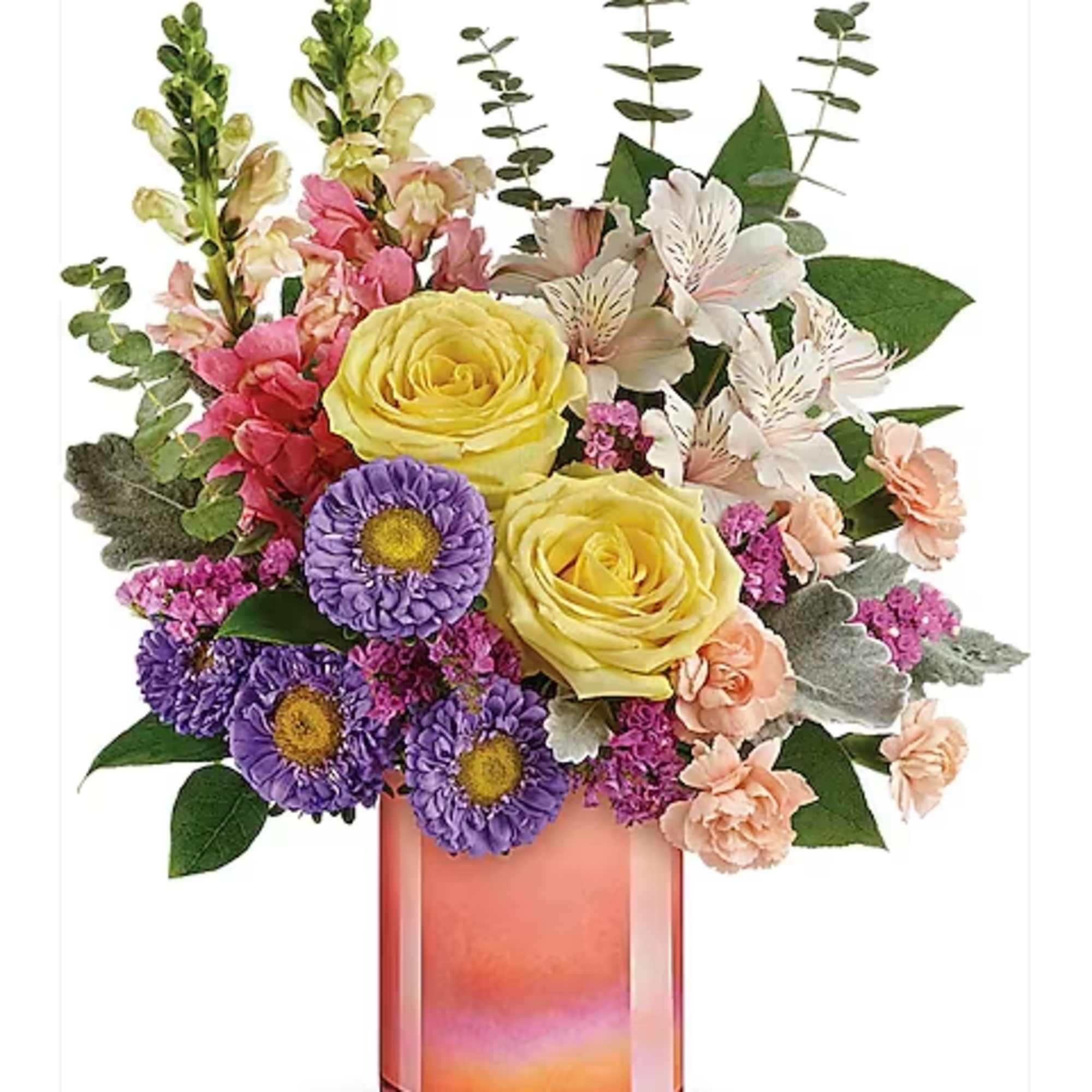 The perfect peach-me-up! Brighten their day with this sunshiny bouquet of yellow