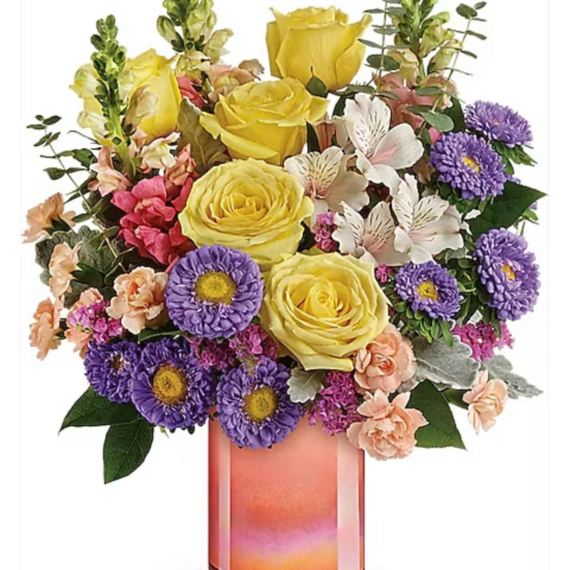 The perfect peach-me-up! Brighten their day with this sunshiny bouquet of yellow