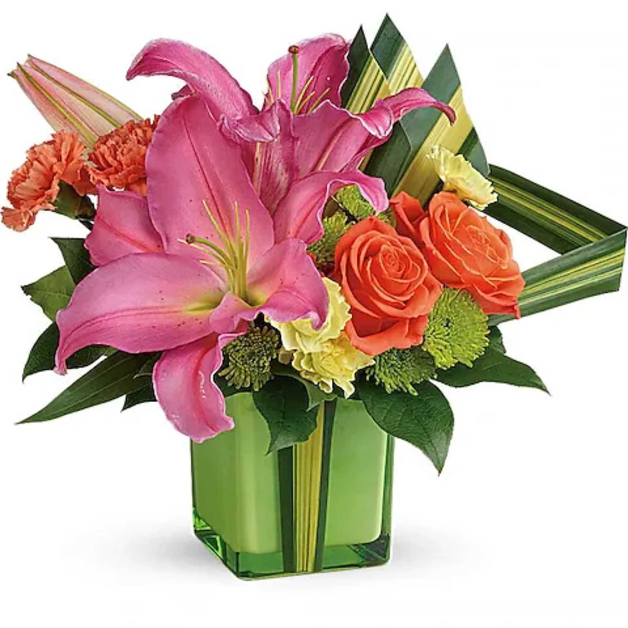 Cute, colorful and carefully curated, this artistic arrangement of hot pink lilies