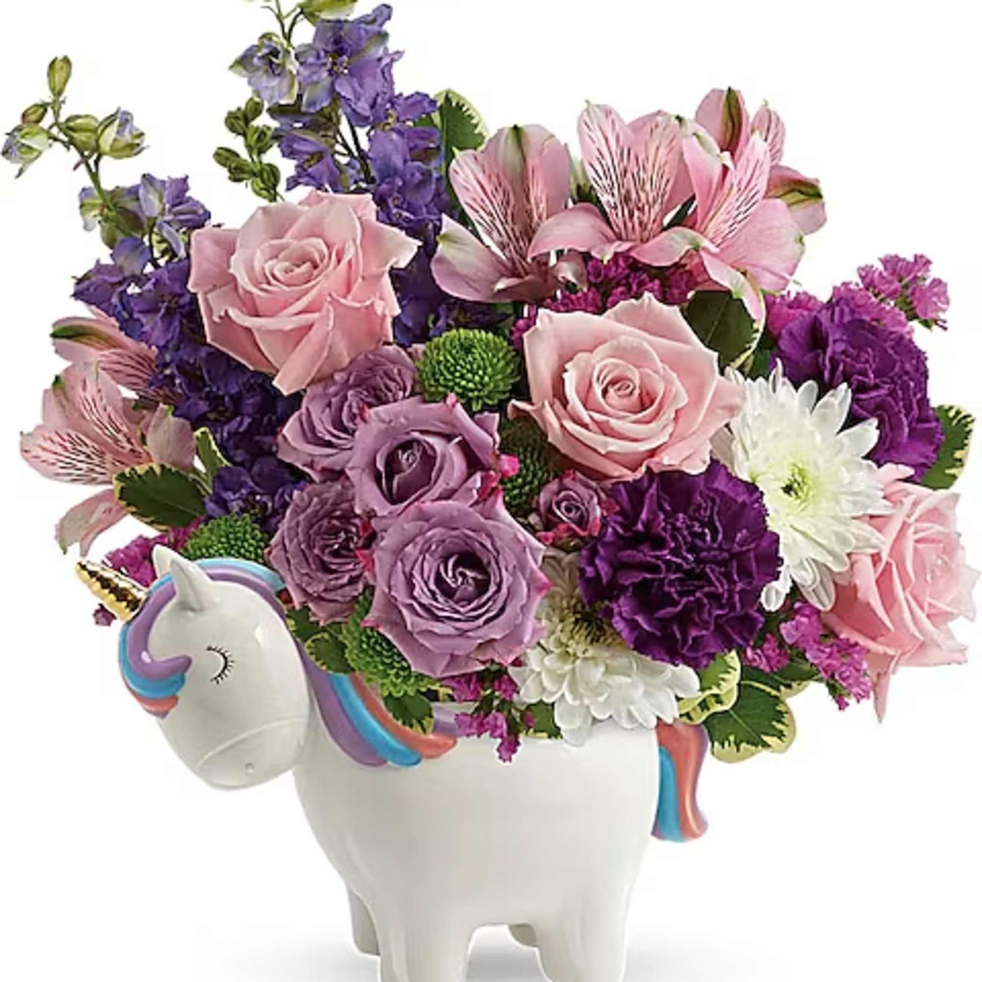 With her golden horn and hand-painted details, this charming ceramic unicorn makes