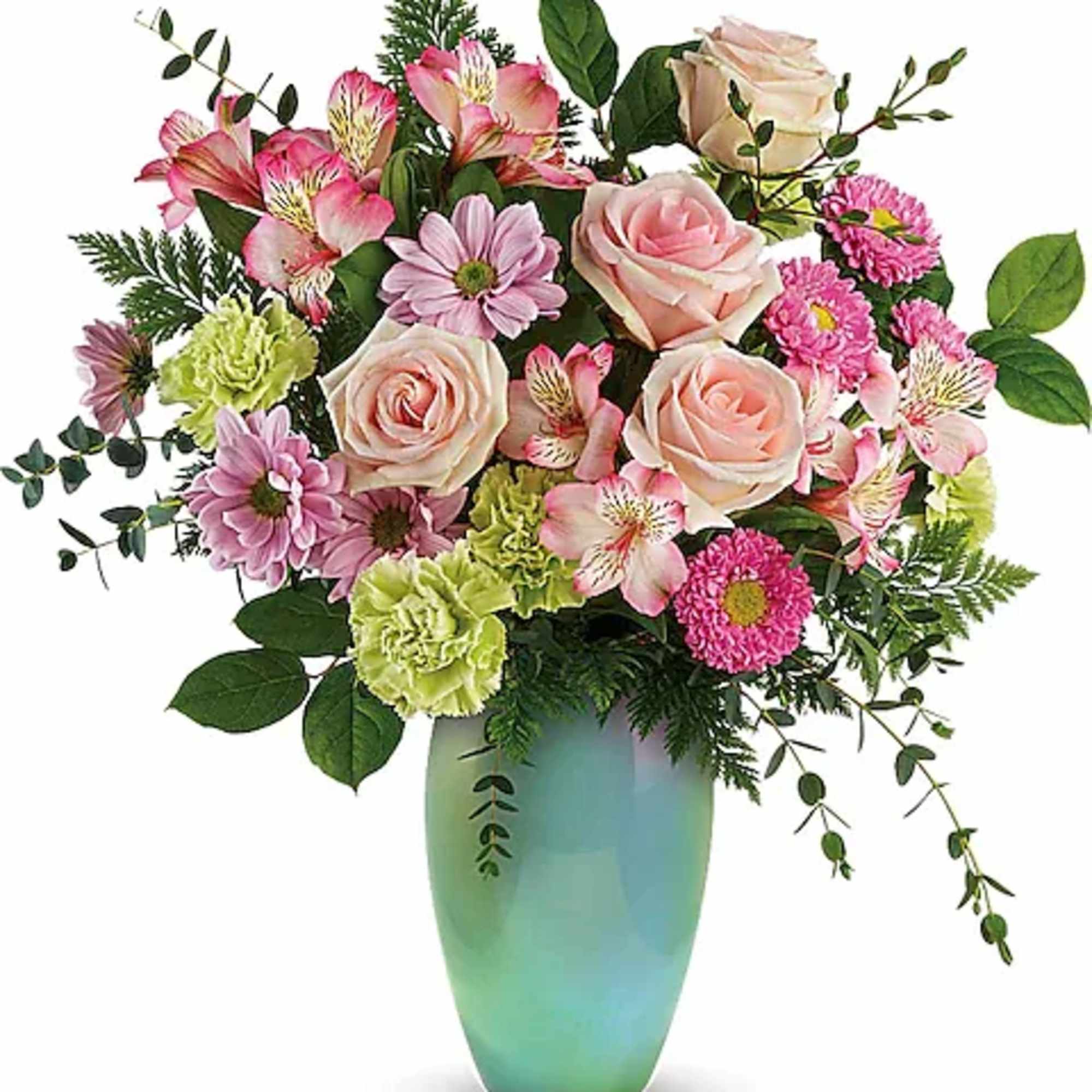 Sweet and stylish, this blushing mix of soft pink roses with bright