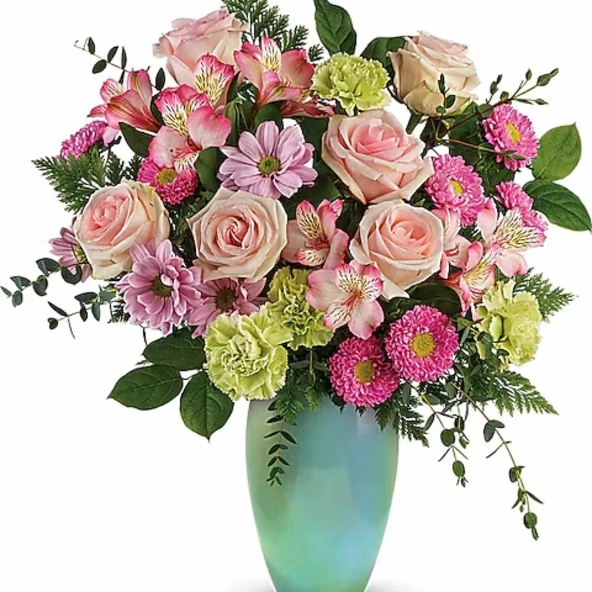 Sweet and stylish, this blushing mix of soft pink roses with bright