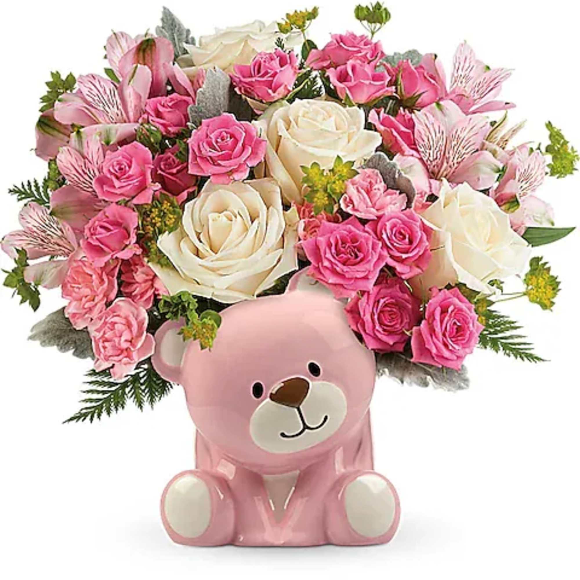 Honor a precious arrival with gorgeous cream roses and delicate pink blooms