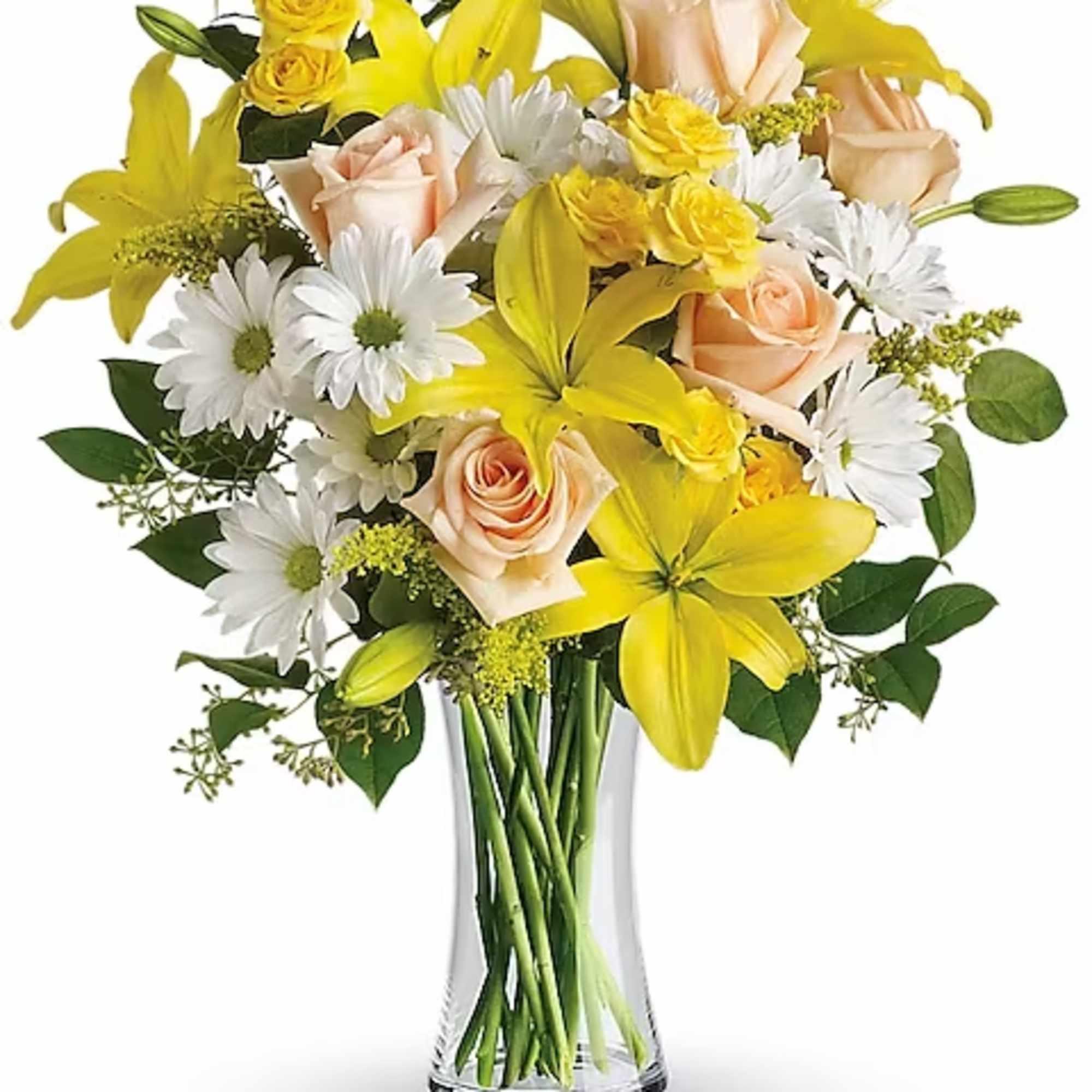 Bring sunshine indoors with a sparkling glass vase overflowing with peach, yellow