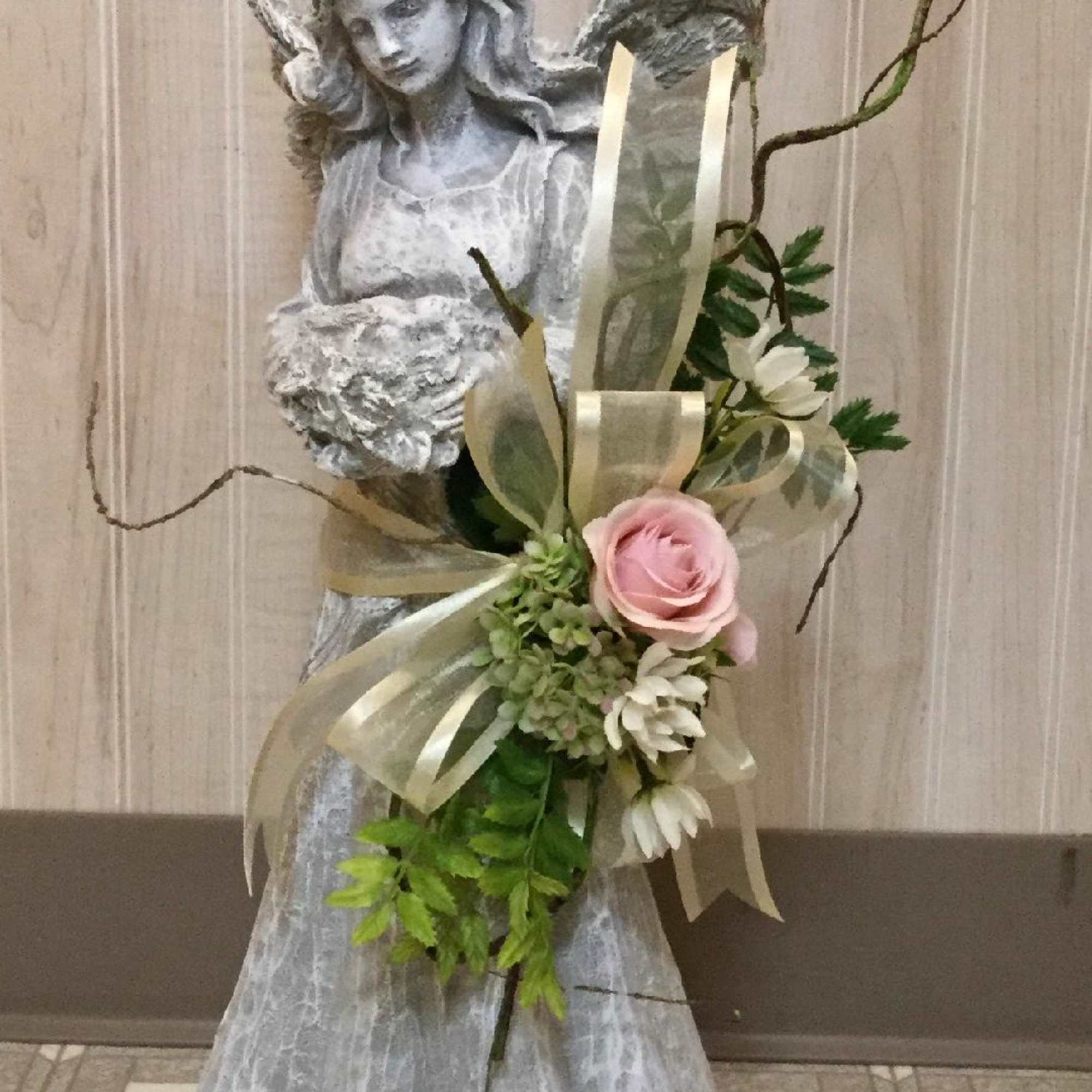 Cement Angel with  planter in the wings.
Approximate Dimensions are 19 1/2