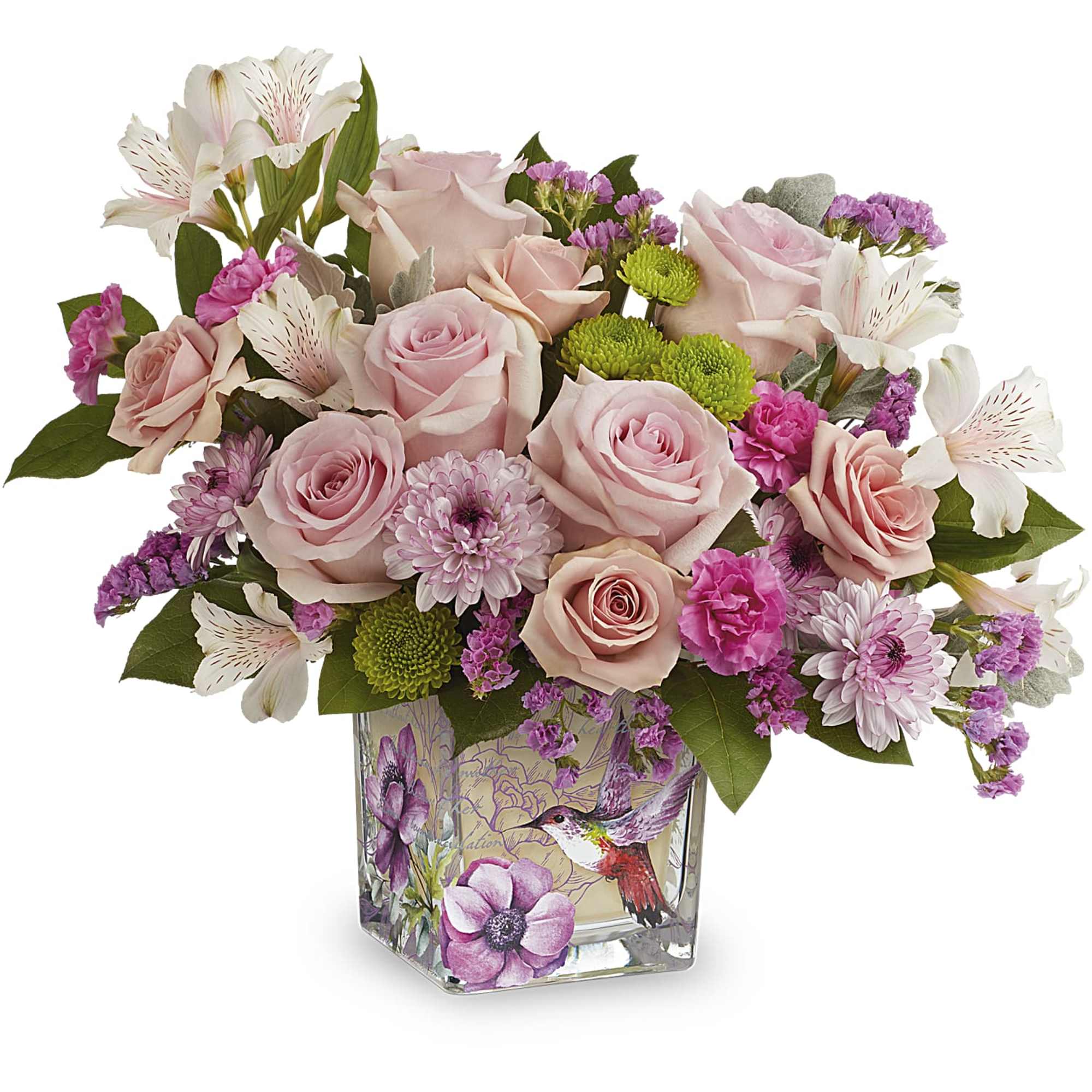 A sweet surprise, this feminine rose bouquet is perfectly presented in a