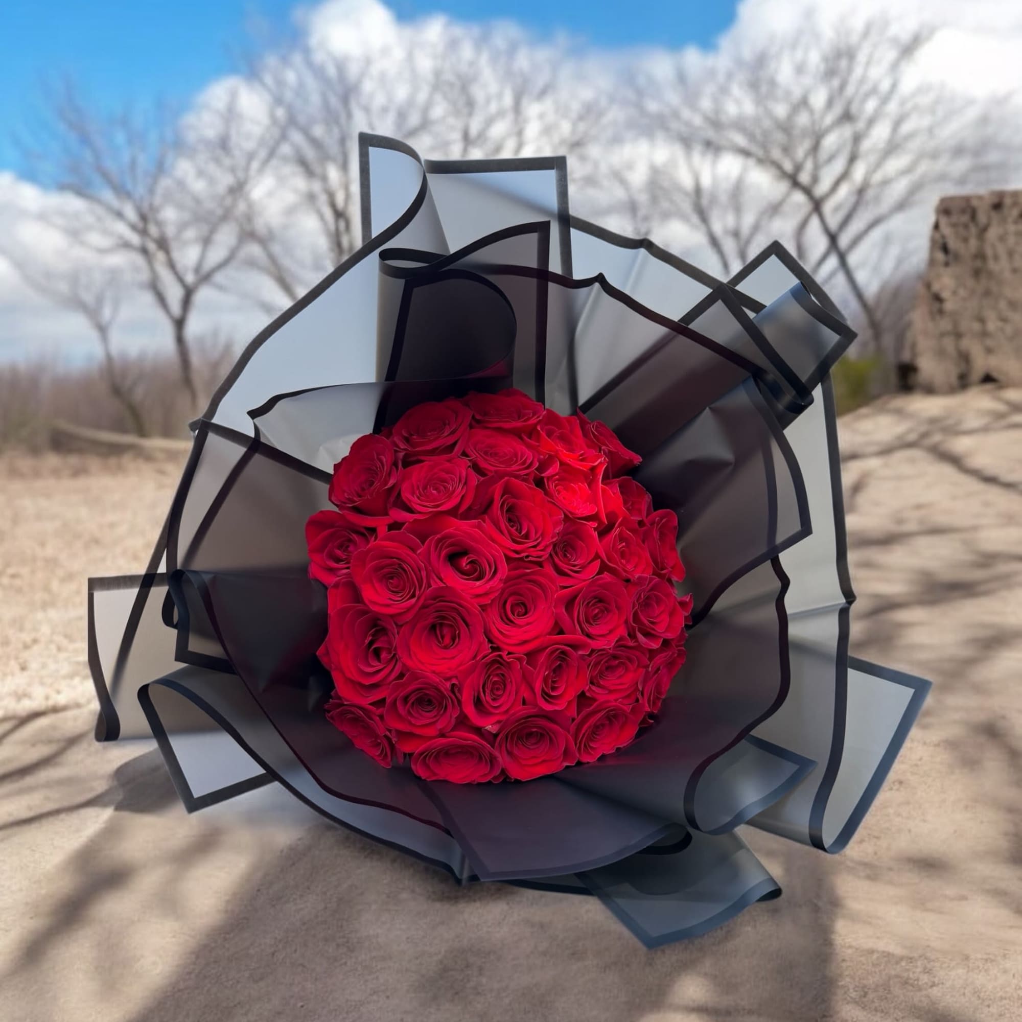 A striking bouquet of deep red roses, wrapped in sleek black paper