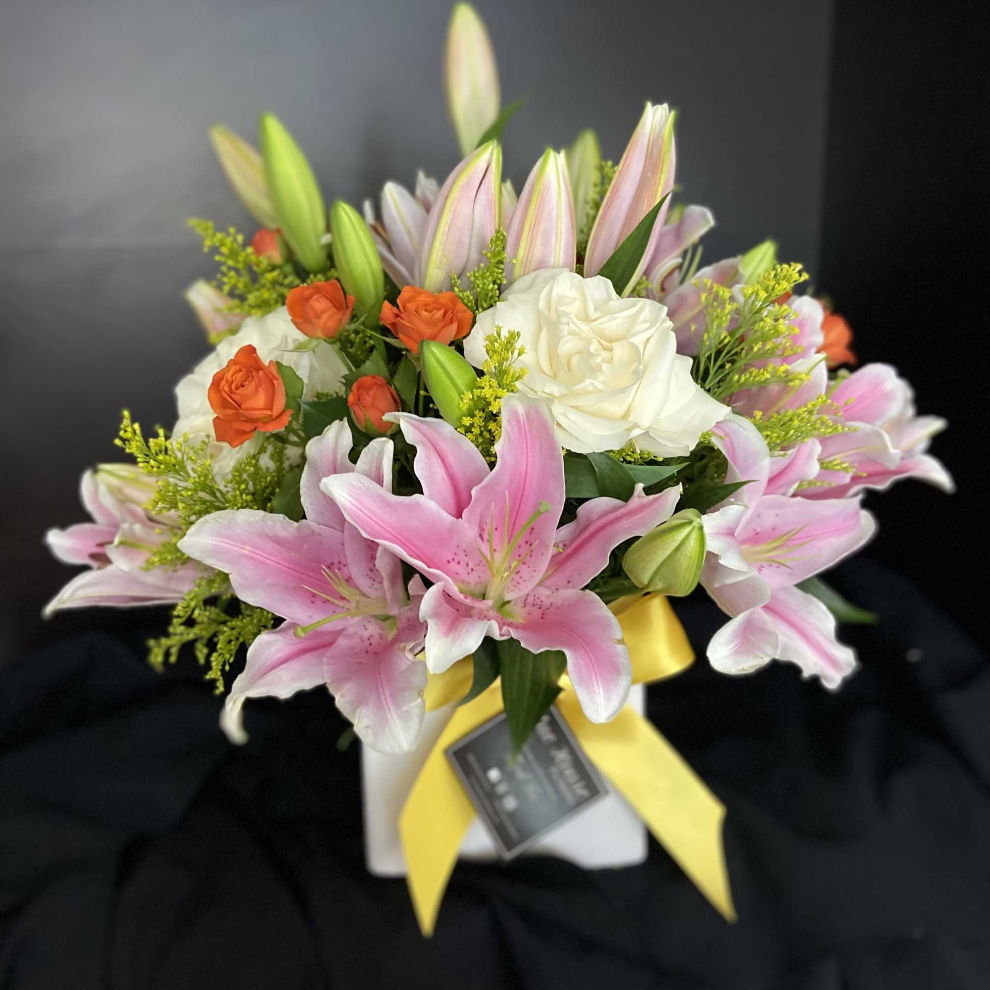 Lilis, White Roses, and Orange Spray Roses, Square Box